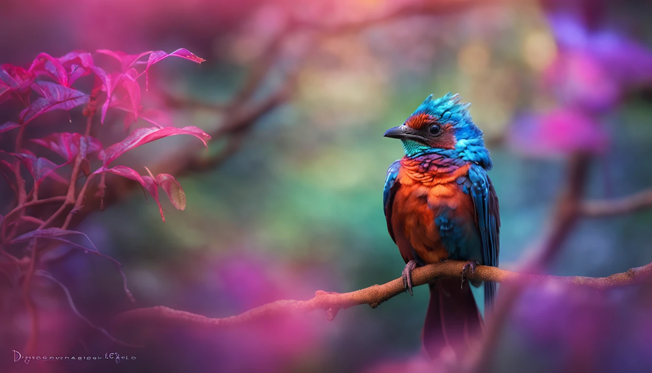 criatura de fantasia, photo-realistic representation, Majestic bird, plumagem intrincada, penas iridescentes, Mythical charm, close-up view, Dramatic angle, ethereal atmosphere, painterly style, perched on a mystical branch, fundo encantado da floresta, Luz Suave Difusa, cores vibrantes, magical ambiance, Macro Lente 100mm, Nikon Z7 |, Ampla abertura, Aprimoramento HDR, 4k resolution, inspirado no folclore, visualmente cativante, maravilha encantadora.