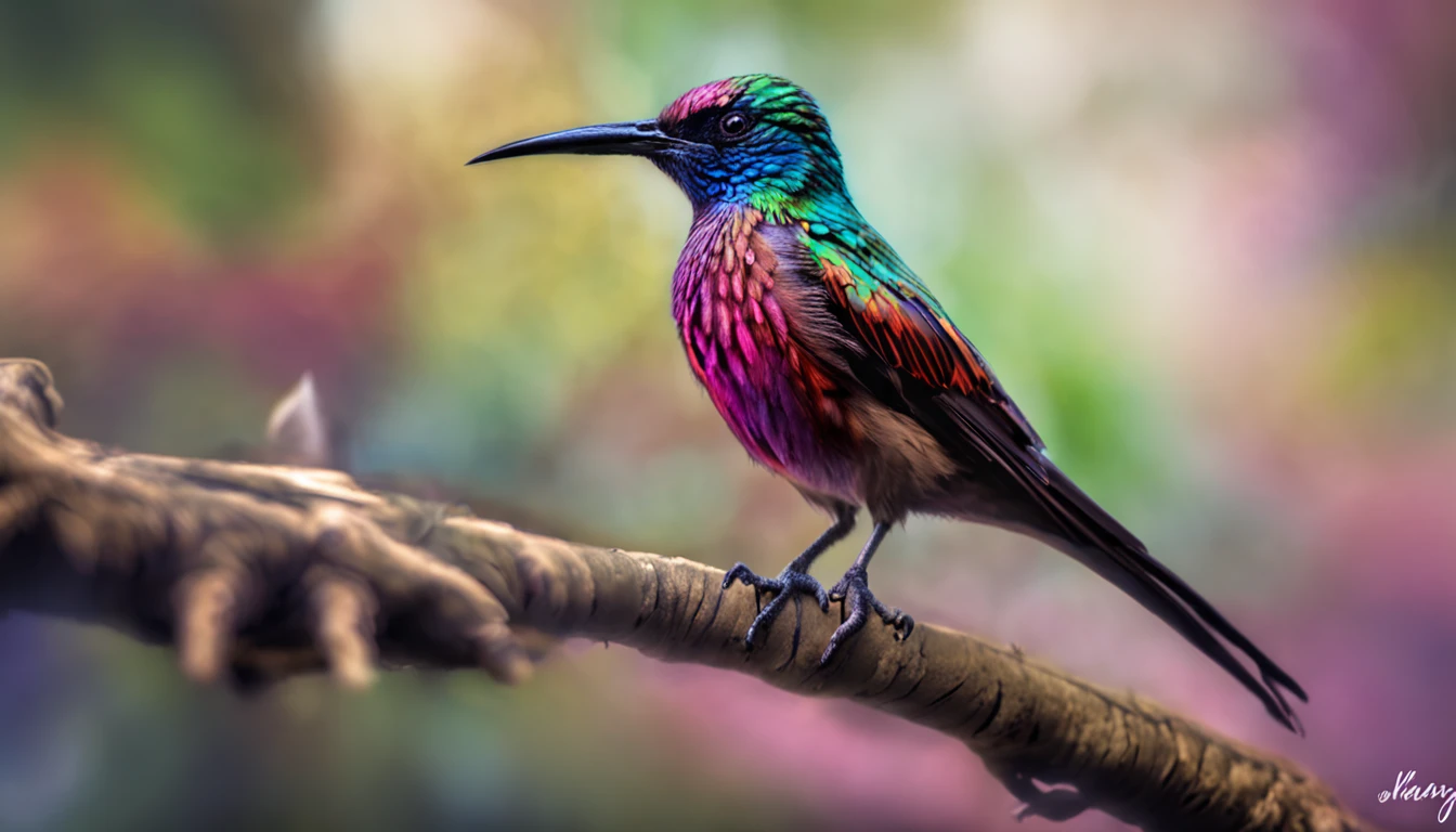 criatura de fantasia, photo-realistic representation, Majestic bird, plumagem intrincada, penas iridescentes, Mythical charm, close-up view, Dramatic angle, ethereal atmosphere, painterly style, perched on a mystical branch, fundo encantado da floresta, Luz Suave Difusa, cores vibrantes, magical ambiance, Macro Lente 100mm, Nikon Z7 |, Ampla abertura, Aprimoramento HDR, 4k resolution, inspirado no folclore, visualmente cativante, maravilha encantadora.