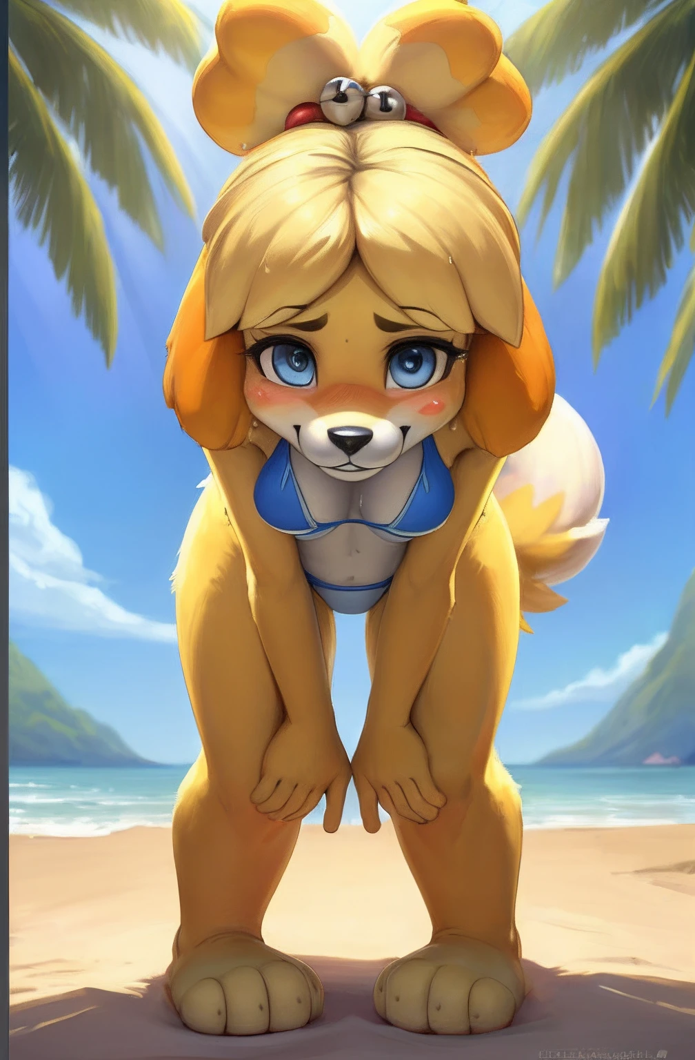 [isaCrossing], [Isabelle; Animal Crossing], [Uploaded to e621.net; (Pixelsketcher), (wamudraws)], ((masterpiece)), ((solo portrait)), ((front view)), ((feet visible)), ((furry; anthro)), ((detailed fur)), ((detailed shading)), ((beautiful render art)), {anthro; (yellow fur, black nose), cute blue eyes, (shy), (cute smile), (sweat on forehead), (white teeth), (blushing), blonde hair, (bells in hair), topknot, fluffy tail, (beautiful feet)}, {(blue bikini), small boobs}, {(bending down), (attractive pose), (hands on knees), (pigeon-toed)}, [background; (beach), (sun rays)]