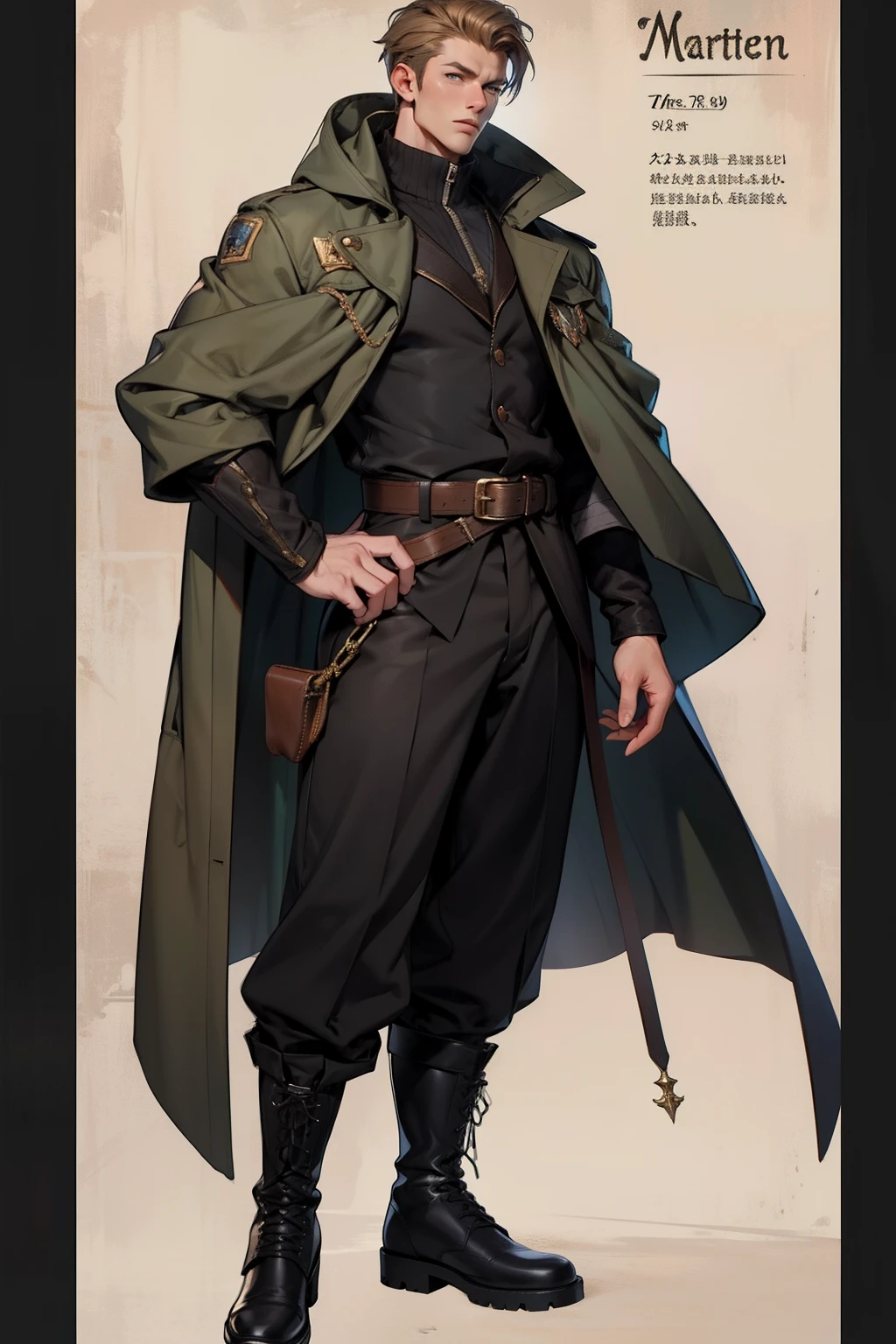 reference sheet：1.8，super details，high quality，master piece，A tall boy，Handsome face，Manteau，long trousers，Martin boots