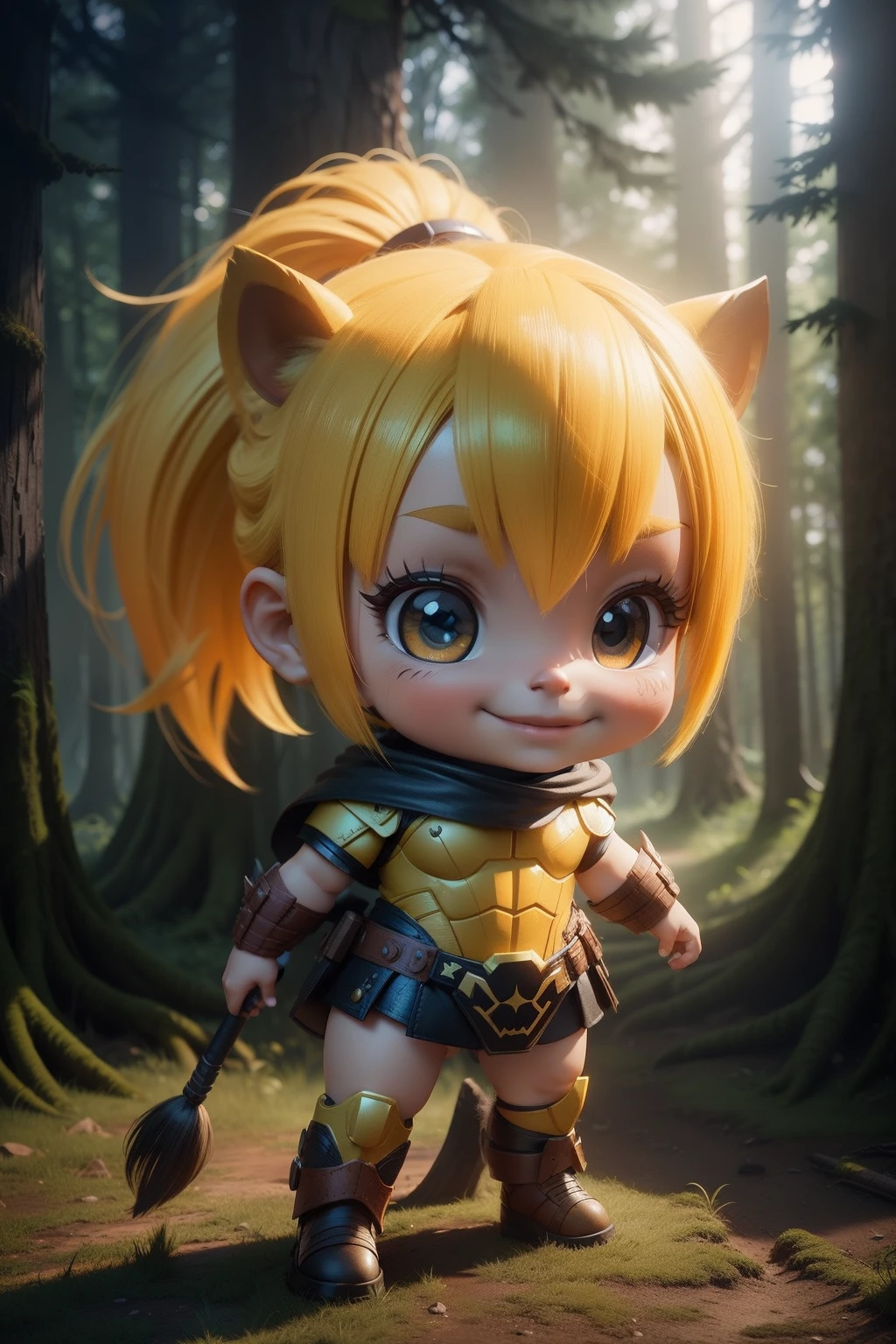 A close up of a warrior yellow child pony standing in a forest, spooky, Marvel style, Chibi, Angler, smiling, eunreal engine |, marvel, Style, Superheroine, 3D style, 2D style
