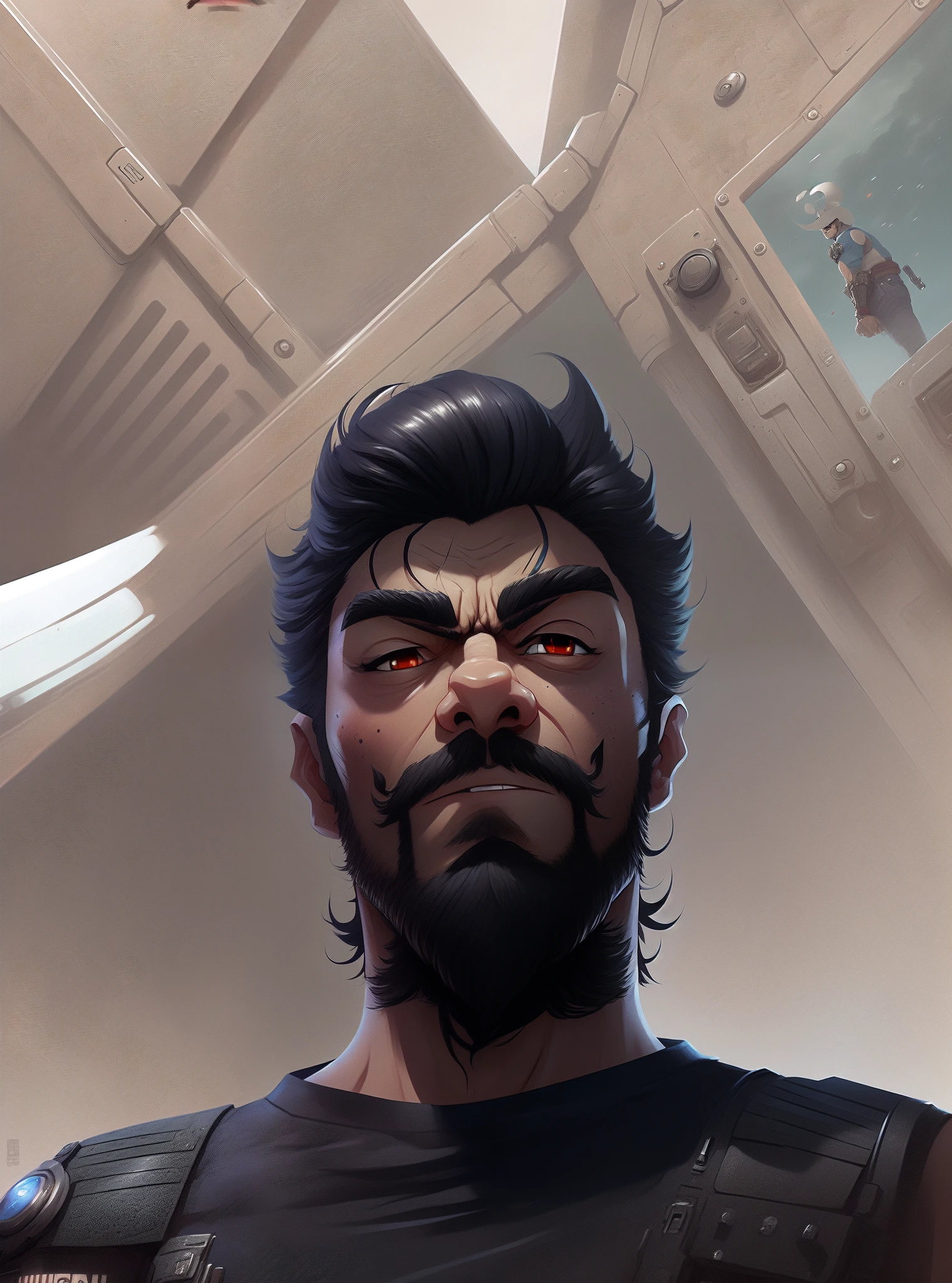 there is a man with a beard and a beardless face, epic character portrait, a portrait of rahul kohli, valorant character, character portrait closeup, closeup character portrait, full face epic portrait, character close up, epic portrait illustration, close up character, painted character portrait, epic game portrait, a character portrait, character art closeup, portrait of adam Jensen, 3c Computer Sub-Products, iPad, iPhone, Digital Painting, 3D character design by Mark Clairedon and Pixar and Hayao Miyazaki and Akira Toriyama, the illustrations are HD illustrations in 4K resolution with highly detailed facial features and cartoon-style visuals.