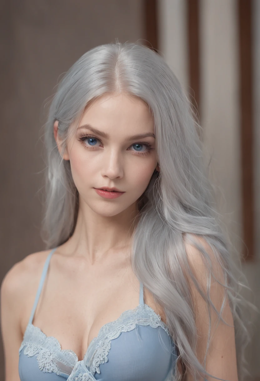 Lodge,A girl in a bra and underwear is shy,grey long hair,blue color eyes,full bodyesbian