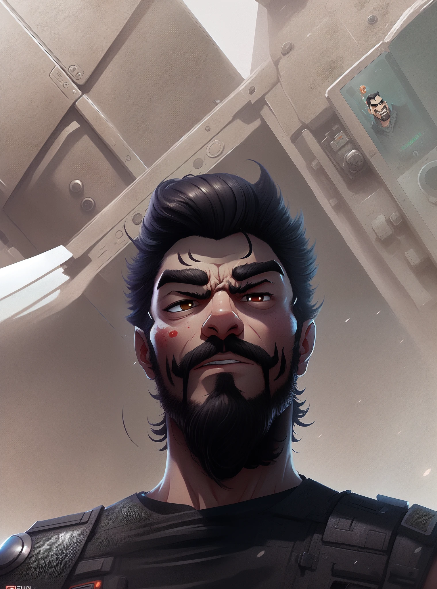 there is a man with a beard and a beardless face, epic character portrait, a portrait of rahul kohli, valorant character, character portrait closeup, closeup character portrait, full face epic portrait, character close up, epic portrait illustration, close up character, painted character portrait, epic game portrait, a character portrait, character art closeup, portrait of adam Jensen, 3c Computer Sub-Products, iPad, iPhone, Digital Painting, 3D character design by Mark Clairedon and Pixar and Hayao Miyazaki and Akira Toriyama, the illustrations are HD illustrations in 4K resolution with highly detailed facial features and cartoon-style visuals.