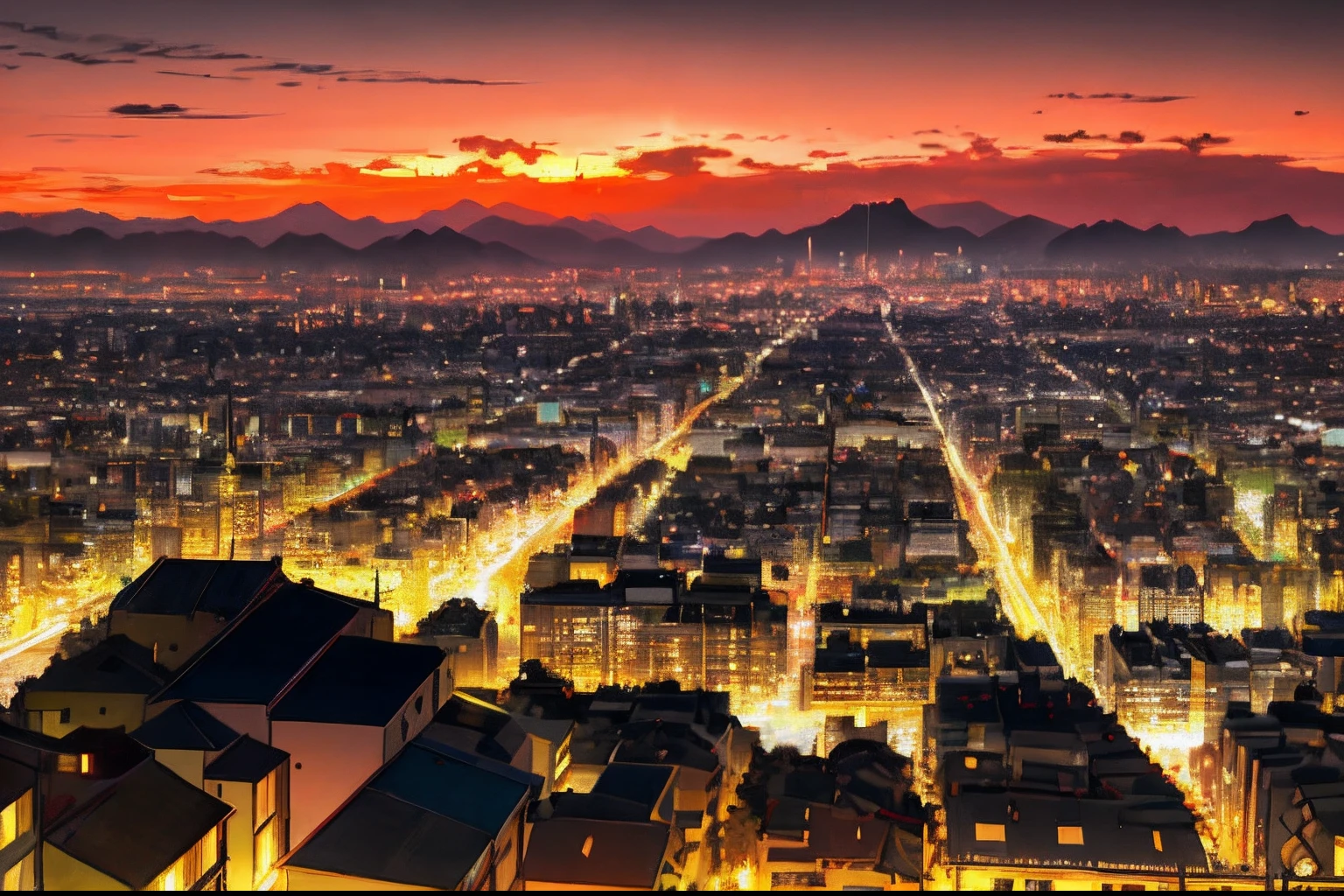 The sunset under the cityscape illuminates the houses and skyscrapers,The streets are lined with lampposts and utility poles,In the distance, the silhouette of the mountains looms in the clouds,There is no busy human figure,Only the tranquil city view,Dotted with greenery and outdoor landscapes。