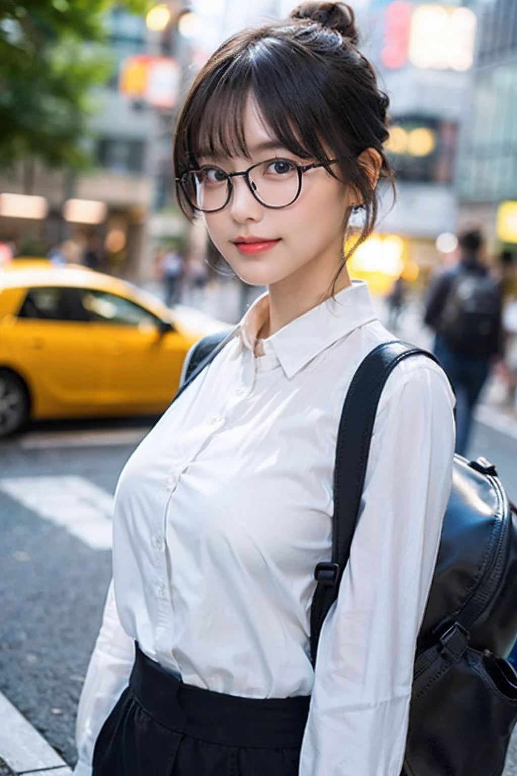 (8K、Raw photography、top-quality、masterpiece:1.2)、(realisitic、Photorealsitic:1.37)、ultra-detailliert、超A high resolution、1人、see the beholder、beautifull detailed face、A smile、Constriction、(Slim waist) :1.3)、((White shirt clothes))、Beautiful detailed skin、Skin Texture、Floating hair、((Hair bunched into one))、large breasts with good shape、Professional Lighting、In front of the station at noon、((Black square glasses))、Whole human body、Black hair、((Have a rucksack))、