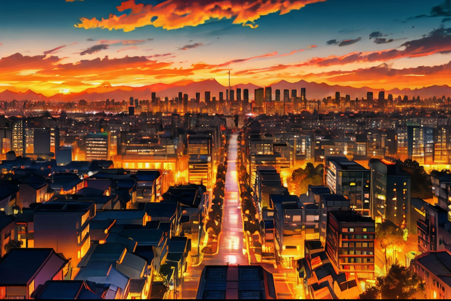The sunset under the cityscape illuminates the houses and skyscrapers,The streets are lined with lampposts and utility poles,In the distance, the silhouette of the mountains looms in the clouds,There is no busy human figure,Only the tranquil city view,Dotted with greenery and outdoor landscapes。