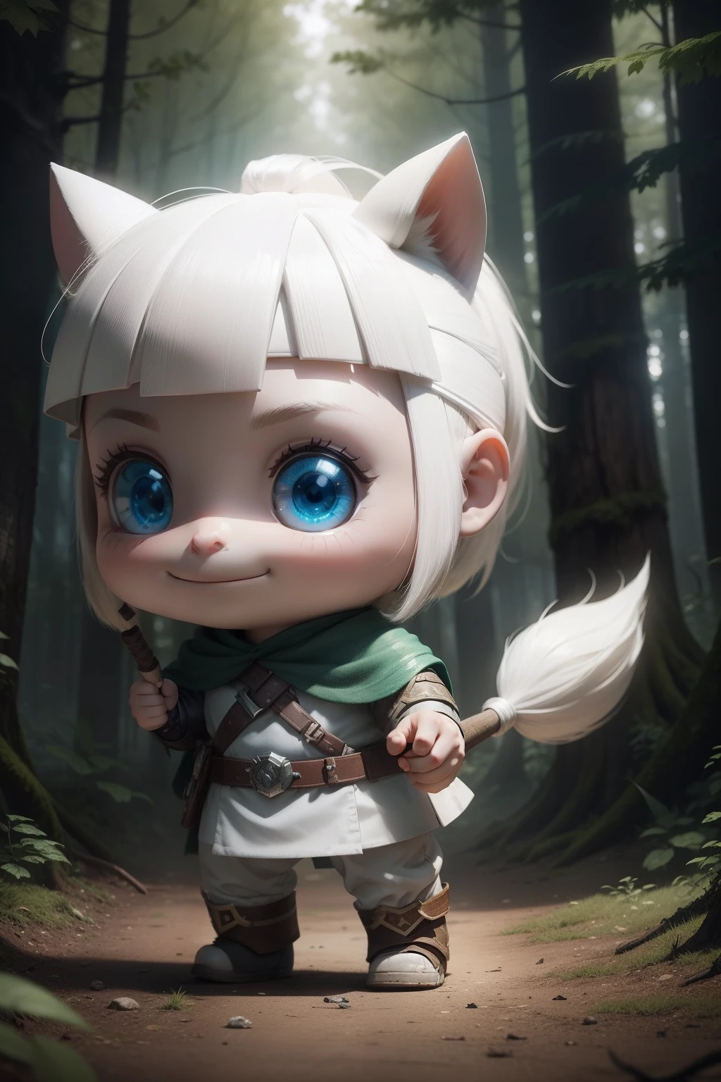 A closeup of a white warrior child pony standing in a forest, spooky, marvel style, chibi, fisherman, smiling, eunreal engine |, marvel, style, superheroine, 3d style, 2d style
