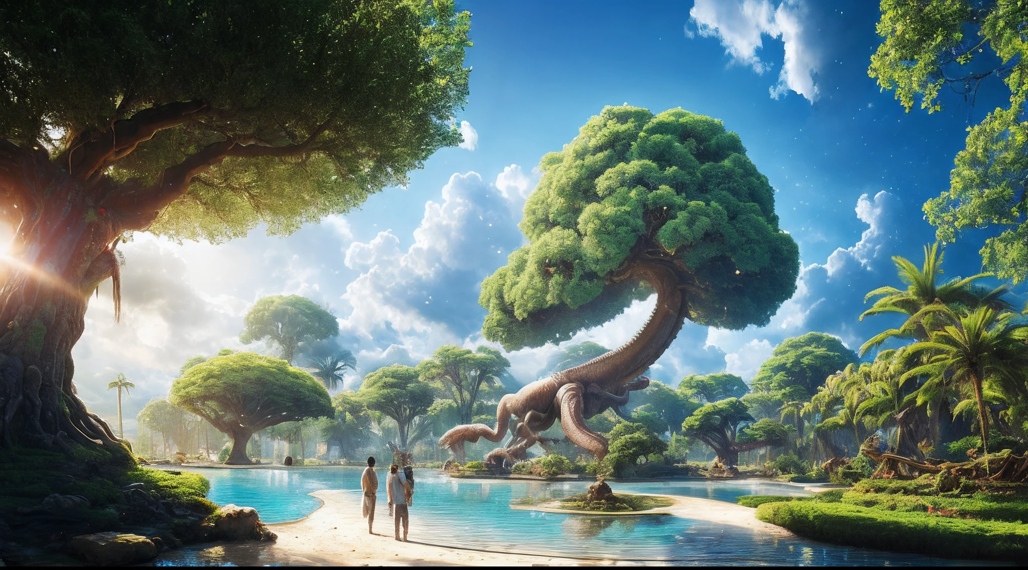 masterpiece, best quality, high quality, extremely detailed CG unity 8k wallpaper, a hyperrealistic colossal cyan raintree, in a futuristic prehistoric village, splashing water, sandy debris, lens flares, sunshaft, fluffy clouds, Hyperdetailed, HDR, bloom, Photorealistic, hyperdetailed