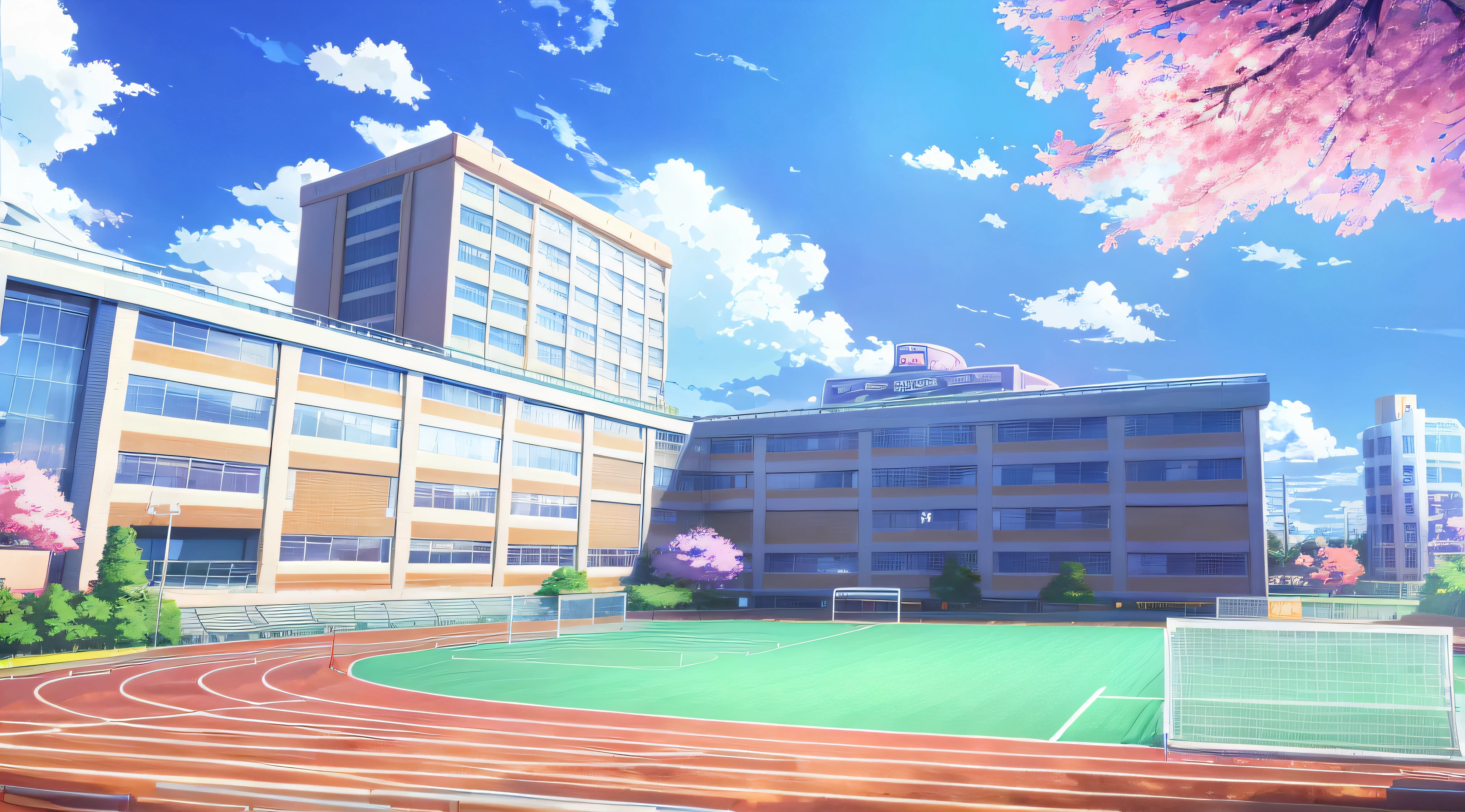 Anime city with football stadiums and running tracks in the foreground， Anime background art， highschool background， anime backgrounds， Anime landscapes， Anime landscape concept art， beautiful anime scenery， colorful anime movie background， anime movie backgrounds， volley court background， Anime background key visuals， Realistic anime 3 D style， Japan High School， The style of the Madhouse Studio anime， anime landscape