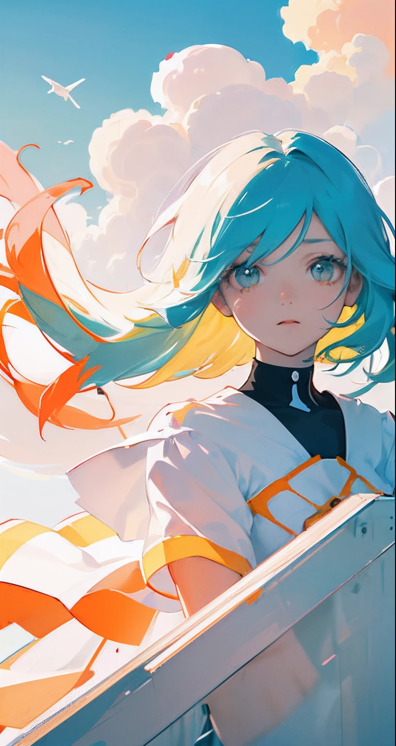 masterpiece, best quality, movie still, 1girl, floating in the sky, cloud girl, cloud, (close-up:1.1), bright, happy, fun, soft lighting, (Bauhaus, shapes, lines, abstract:1.1), ZUTOMAYO, bob hair, straight hair, dual tone hair, bold hair, bright eyes, looking at camera, bright sky, stylised clouds