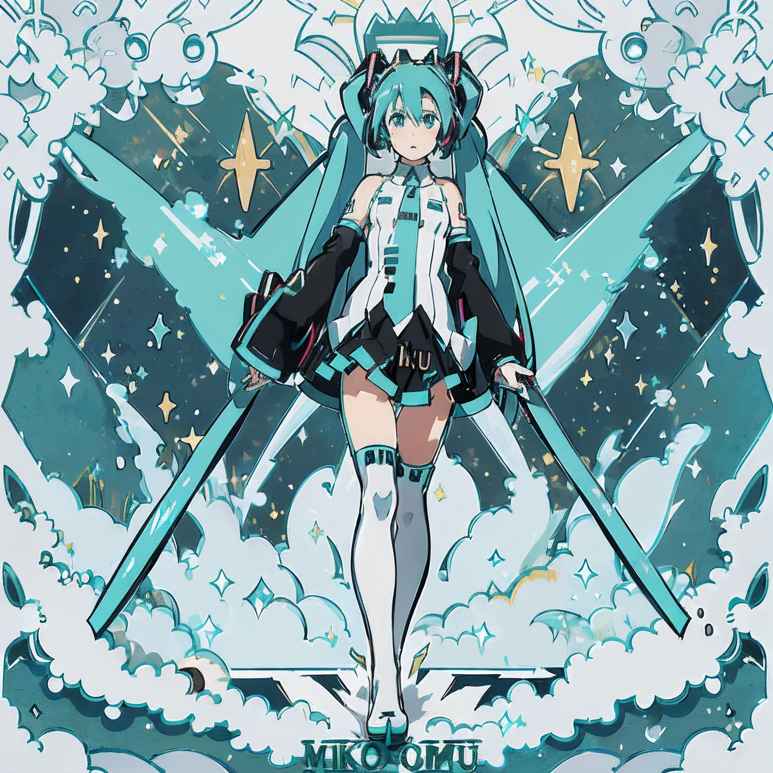 ((miku hatsune:1.5),star-shaped pupils,Vivid illustration style,Beautiful colors,specular effect,Fantastic background,Glamorous costumes)、8k wallpaper