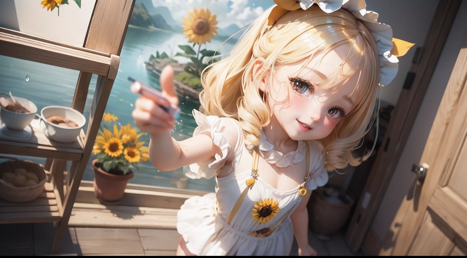 photoRealstic、Doll standing in front of the painting、swim wears、laugh face、Water droplets on the cheeks、Selfie Pose、spreading arms widely、Sengai、pixiv、rokoko、dollfie dream、watercolor Nendoroid、(High Definition Figure)、flowing sakura-colored silk、nendroid、bustup、Sunflower petals、season!!: 夏☀ 🍂 ヒマワリ