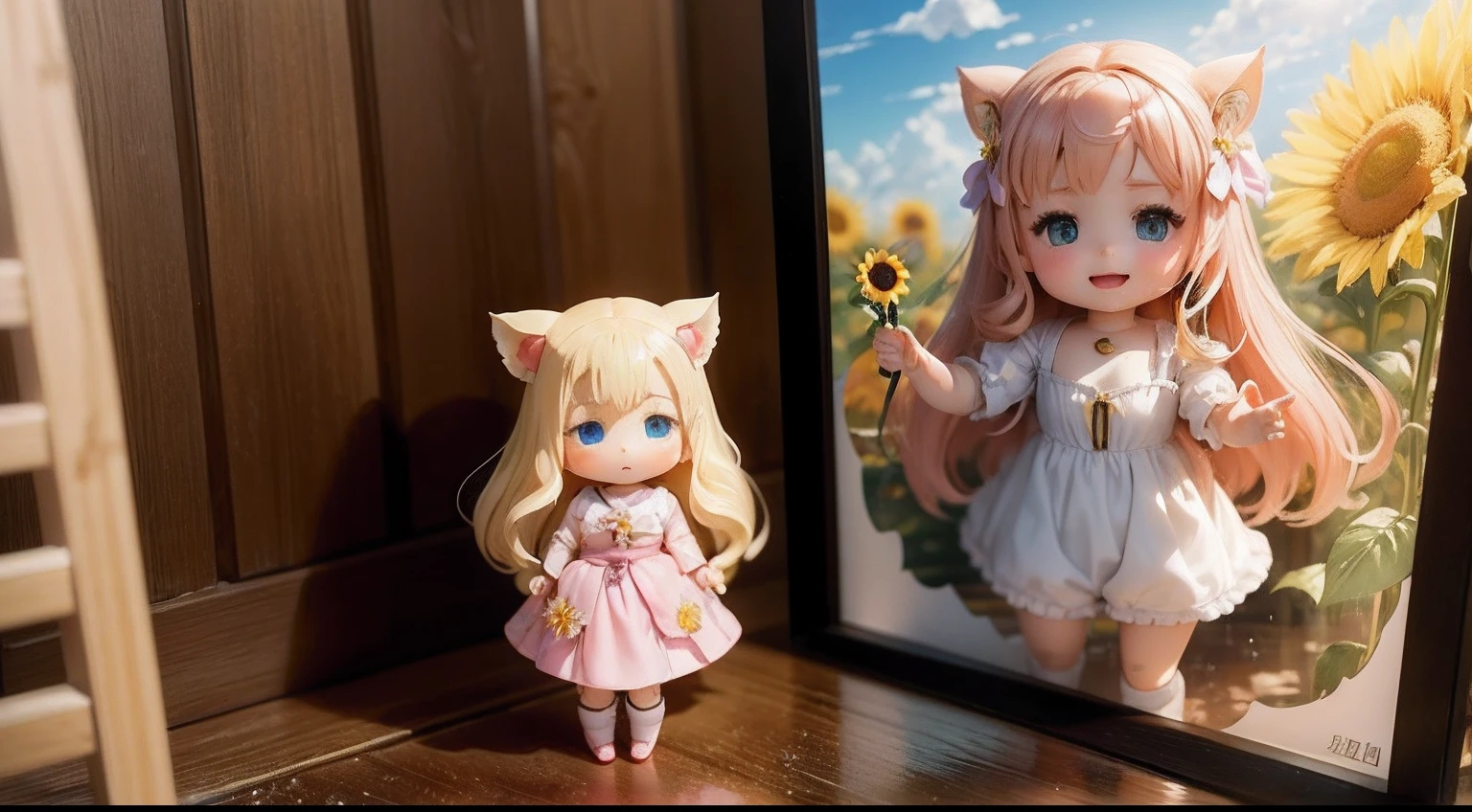 photoRealstic、Doll standing in front of the painting、swim wears、laugh face、Water droplets on the cheeks、Selfie Pose、spreading arms widely、Sengai、pixiv、rokoko、dollfie dream、watercolor Nendoroid、(High Definition Figure)、flowing sakura-colored silk、nendroid、bustup、Sunflower petals、season!!: 夏☀ 🍂 ヒマワリ