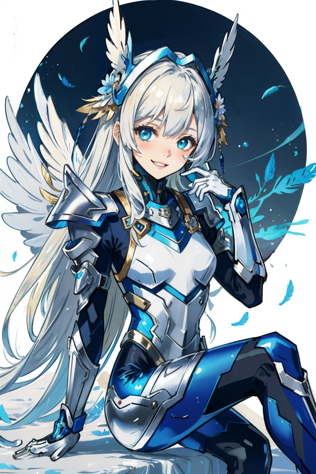 (​master piece, Best Quality),  Intricate details, valkyrie, kawaii, Happy smile, (((Laugh))), Looking at Viewer, Feather Headgear, Flower meadow, Sitting, flat breast, White Balance, 
1 girl in, Solo, Portrait, Long Plutinum Blonde Hair, drooing eyes, Silver Single Thigh, Silver Independent Single Sleeve, silver gloves, 
 mecha musume, Silver Bodysuit, Silver Reinforced Suit, Closing iceblue feather wings, silver pantyhose, Silver Full Armor, flower decoration, equip sword,