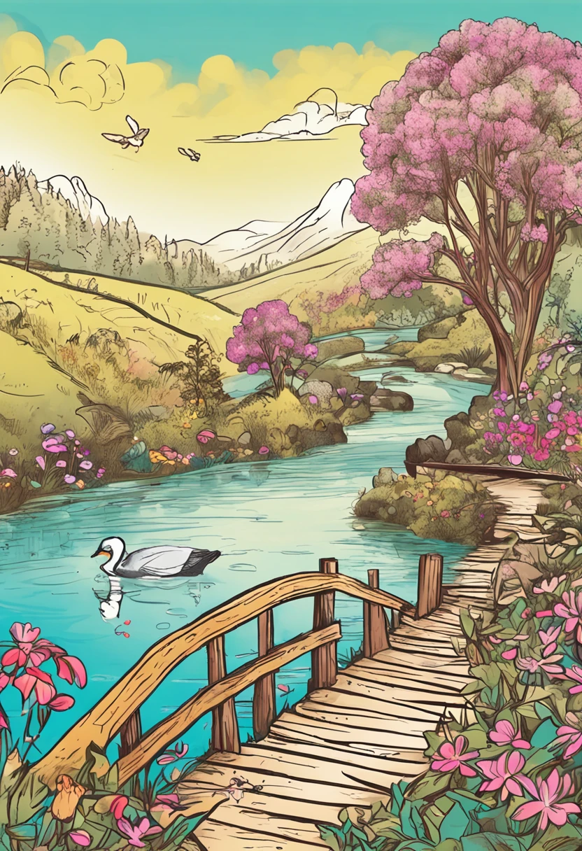 You are a 7-year-old,Please take "Goodness is like water" as the theme,Draw a children's crayon drawing。
On screen,A clear river winds its way along the flower-filled banks。The shore is wooded,Flowers compete for beauty。A small wooden bridge connects the two banks,There is a cute little bird parked above。On the bridge stood a happy child,Wear bright clothes,Holding an open book in his hand。The child reads intently,Enjoy the sun and breeze。