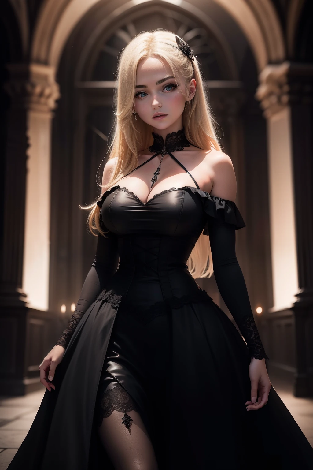 Original photo of a beautiful blonde girl, very sexy, big break, wearing a black Gothic dress with cinematic lighting