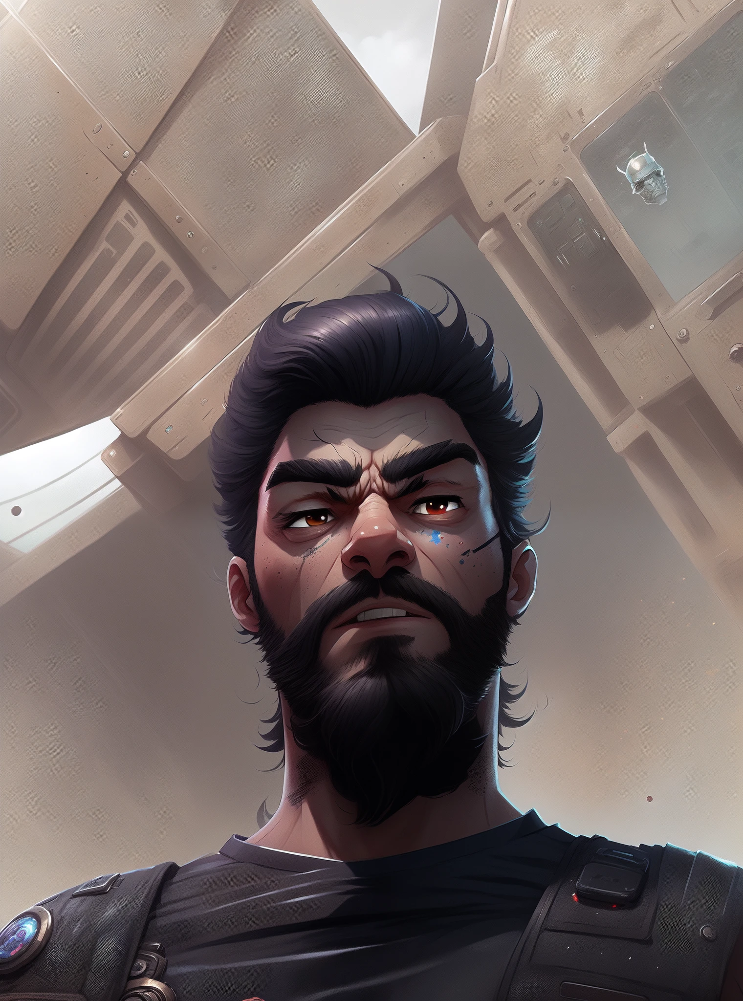 there is a man with a beard and a beardless face, epic character portrait, a portrait of rahul kohli, valorant character, character portrait closeup, closeup character portrait, full face epic portrait, character close up, epic portrait illustration, close up character, painted character portrait, epic game portrait, a character portrait, character art closeup, portrait of adam Jensen, 3c Computer Sub-Products, iPad, iPhone, Digital Painting, 3D character design by Mark Clairedon and Pixar and Hayao Miyazaki and Akira Toriyama, the illustrations are HD illustrations in 4K resolution with highly detailed facial features and cartoon-style visuals.