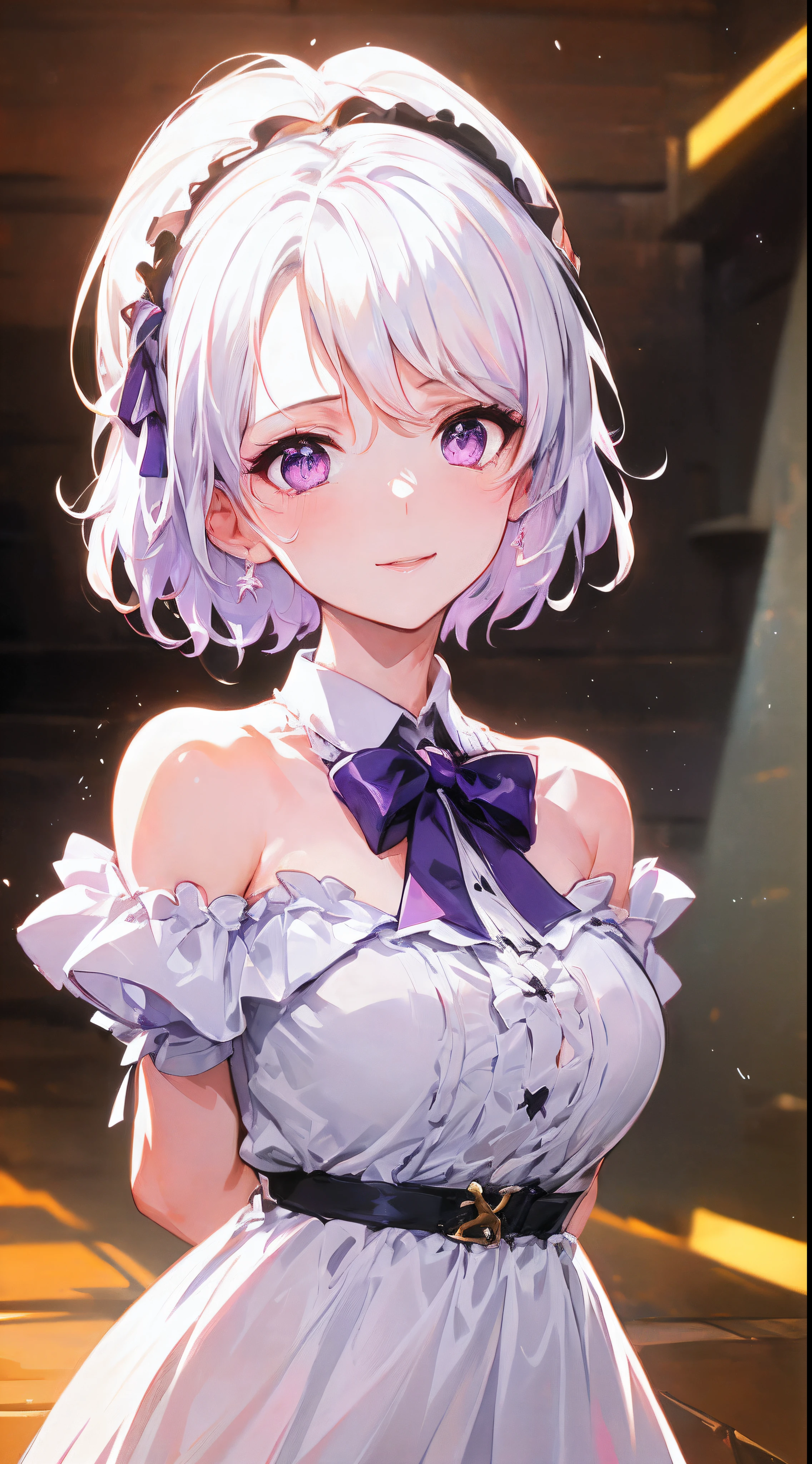 (Best quality),(4k), (CG quality painting),(black and white grids Berets),(((the Greatest masterpiece,))) (ultra detailed),bust,(intricately details),(Nature,cute face),((((arms behind back,))))(dynamic angles,)(beautiful aurora,lively breeze),(dynamic lighting),(blooming,synthetic wave), (reality: 0.7), solo,1 girl,Long eyelashes,watery eyes,reflected eyes,eyes shadow,light purple eyes,((one purple bow tie,)) (white off-the-shoulder shirt: 0.4),short hair, white dress, white haired deity,floating hair,((elegant and conservative cloth)),seductive smile