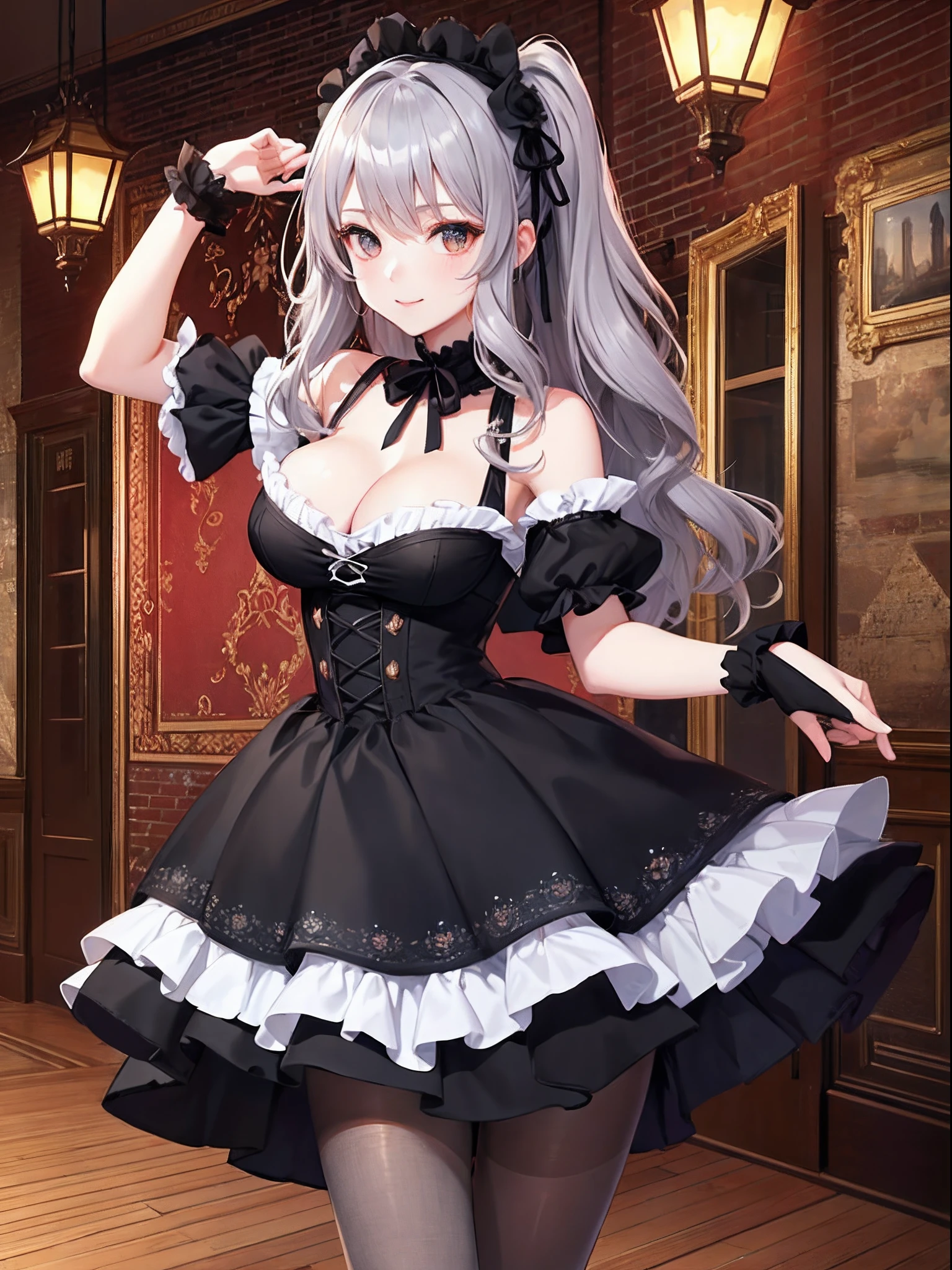 (top-quality: 1.3)、(masterpiece: 1.3)、(The ultra-detailliert: 1.3)、(wall-paper, one girls)、(Black ta Dress:1.3)、Lace material dresses、(Brown pantyhose:1.3)、(Ash gray hair:1.3)、Medium Hair、waved hair、poneyTail、(Beautiful Large Breasts:1.3)、borgar、castle town、ssmile、sexypose、dance
