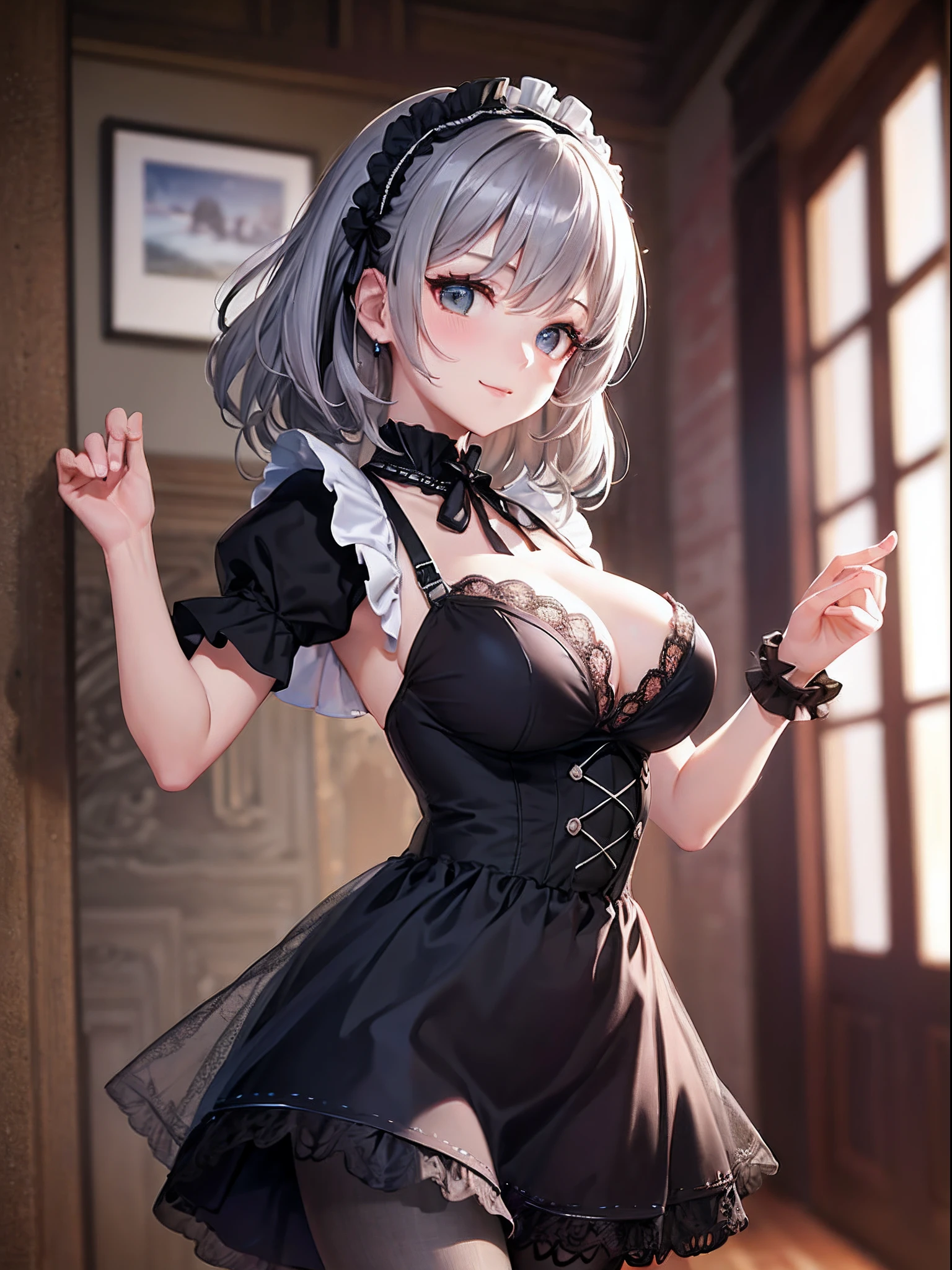 (top-quality: 1.3)、(masterpiece: 1.3)、(The ultra-detailliert: 1.3)、(wall-paper, one girls)、(Black Lolita Dress:1.3)、Lace material dresses、(Brown pantyhose:1.3)、(Ash gray hair:1.3)、Medium Hair、waved hair、poneyTail、(Beautiful Large Breasts:1.3)、borgar、castle town、ssmile、sexypose、dance