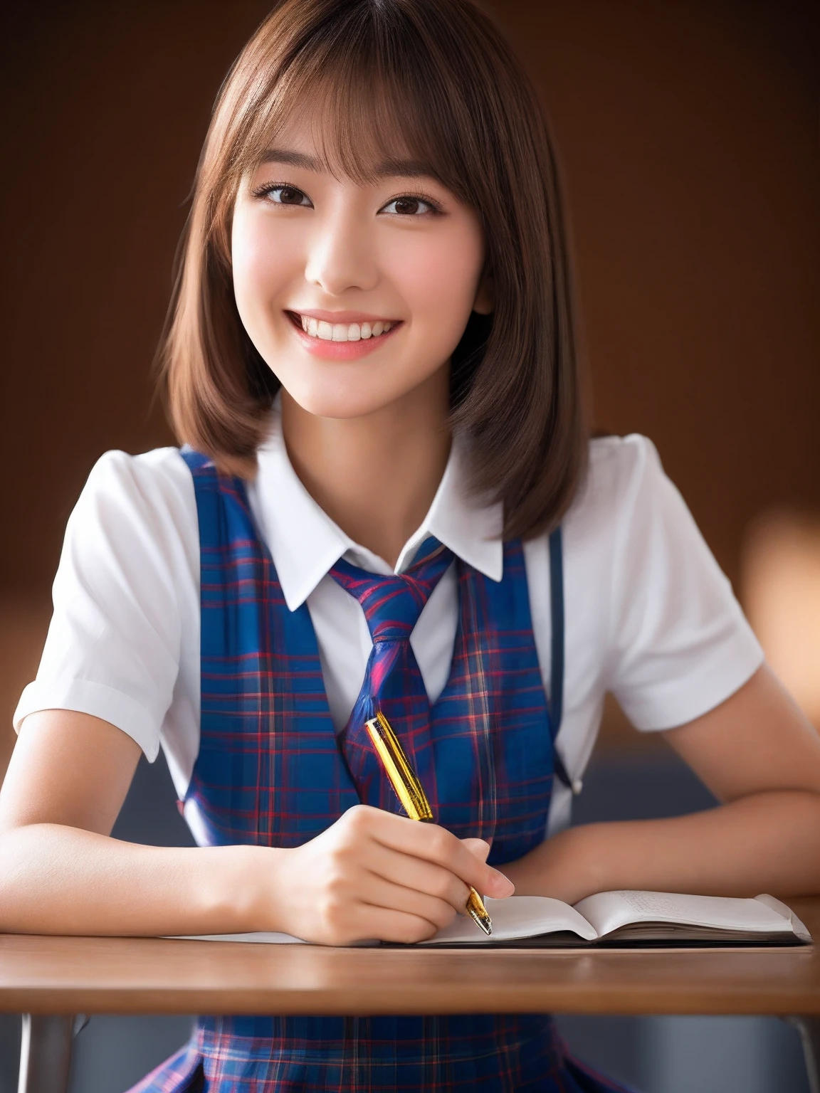 masterpiece, face close up shot, front view, a Japanese young pretty woman, sitting a chair and having a pen with big smile, glamorous figure, wearing a short sleeves white collared shirt with shiny red satin plain bow tie, wearing a blue tartan plaid skirt, absolutely pretty face, glossy lips, double eyelids in both eyes, Natural makeup, long eyelashes, shiny smooth light brown hair of medium length, asymmetrical bangs, tanned skin, alone in the classroom, a textbook and a note on the desk, head frame, central image, 8K resolution, high detail, detailed hairstyle, Detailed Face, spectacular cinematic lighting, octane rendering, vibrant, hyper realistic, perfect limbs, perfect anatomy