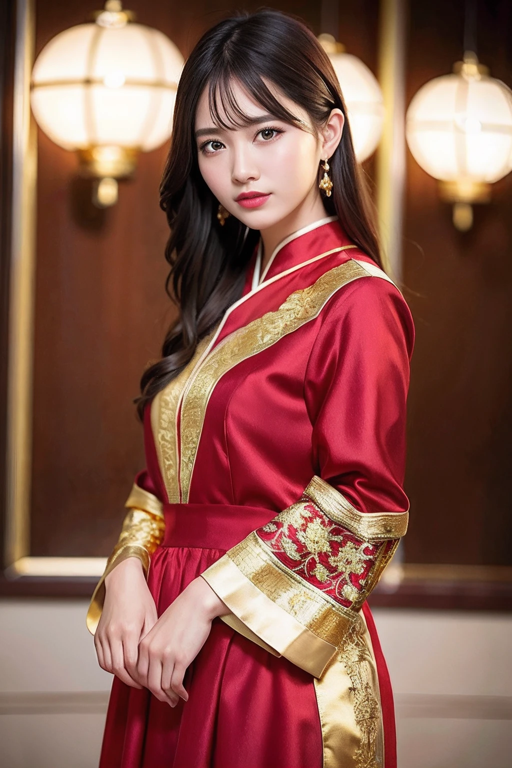 Top quality, masterpiece, high resolution, (exquisite body: 1.5), gorgeous face, (milky skin: 1.3), intricate details, high resolution, wallpaper,
1girl, solo, dress, hair ornament, ((((gold and red dress)))), flower, long hair, brown hair, closed mouth, jewelry, long sleeve, hands raised, wide sleeves, big eyes,floating hair, han clothing, han style, embroidery, long skirt, natural pose, falling petals, indoors,incitement, lanterns,
16K, HDR, Hi-Res, Depth Field, (Film Grain: 1.1), Boken, Golden Hour, (Lens Flare), Vignette, Rainbow, (Color Grading: 1.5), Looking at the viewer with a calm and goddess-like happiness, Super beautiful background drawn by WLOP,