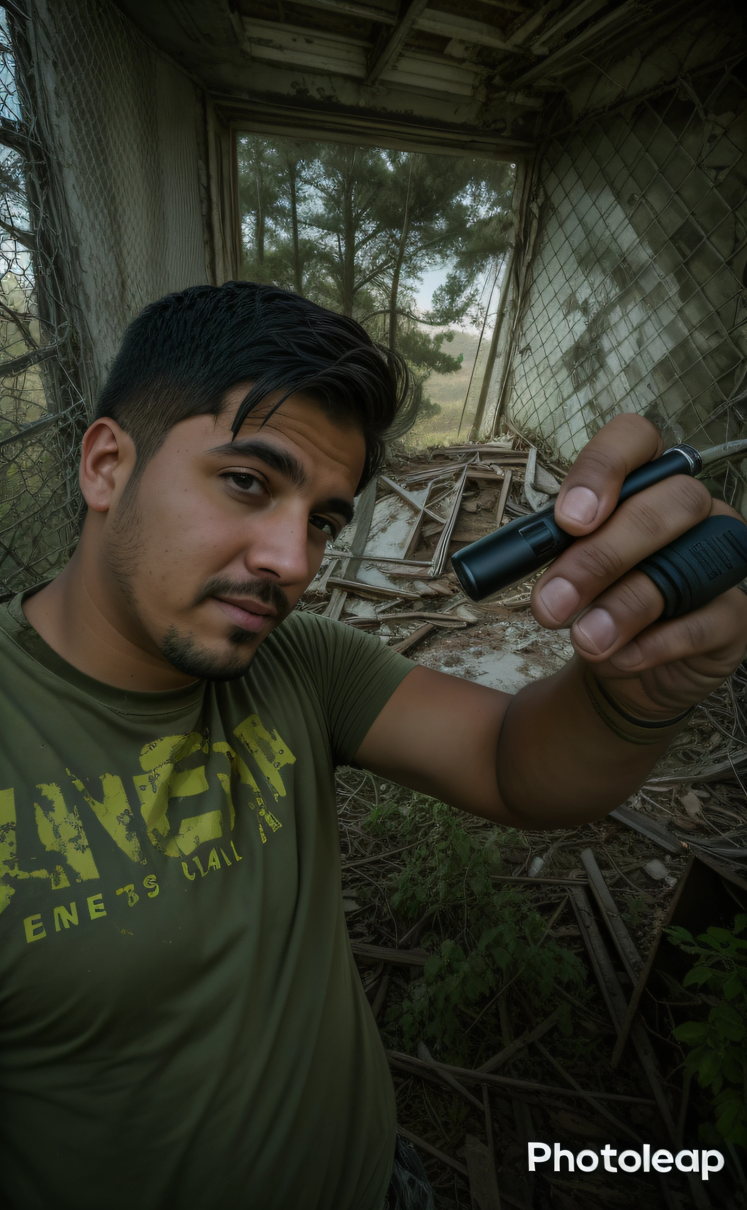 there is a man holding a digital painting pen in his hand, urban exploring, environmental portrait, in a post apocalyptic setting, urbex photography, mid shot portrait, urban exploration, portrait shot, combat photography, military photography, close-up shoot, detailed portrait shot, closeup portrait shot, urbex, in a desolate abandoned house, post apocalyptic setting, profile shot, andrew gonzalez