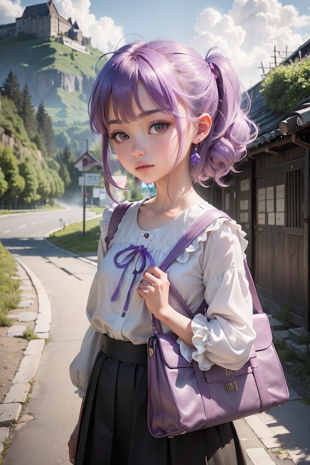 Raw photography, top-quality, masterpiece, extremely delicate and beautiful, ighly detailed, nffsw, Unity, 8K Picture Wallpaper, amazingly detail, detaile, masterpiece, top-quality, Official art, Highly detailed ticker Unity 8k wallpaper, ultra-detailliert, hight resolution, ighly detailed, Clair, Focus, (top-quality), (realisitic, Photorealsitic:1.5), 8K, Soft lighting, hightquality, lighting like a movie, 1girl in、、Rench'eng(Nonnonbiyori)Very petite、Twin-tailed、Hair is tied up、short-cut、Hair color is purple、purple color hair、Hair color is purple、Light purple hair、Carrying a red school bag、very, very, Very big eyes、red eyes、Akame、A look of contempt for the viewer、elementary studentout、countryside、mountain road