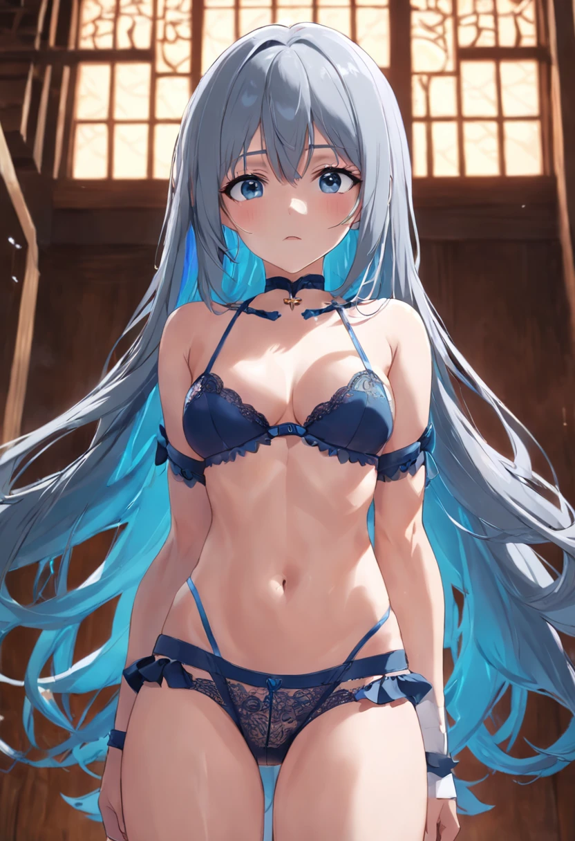 Lodge，A  girl in a bra and underwear is shy，grey long hair，blue color eyes，full bodyesbian