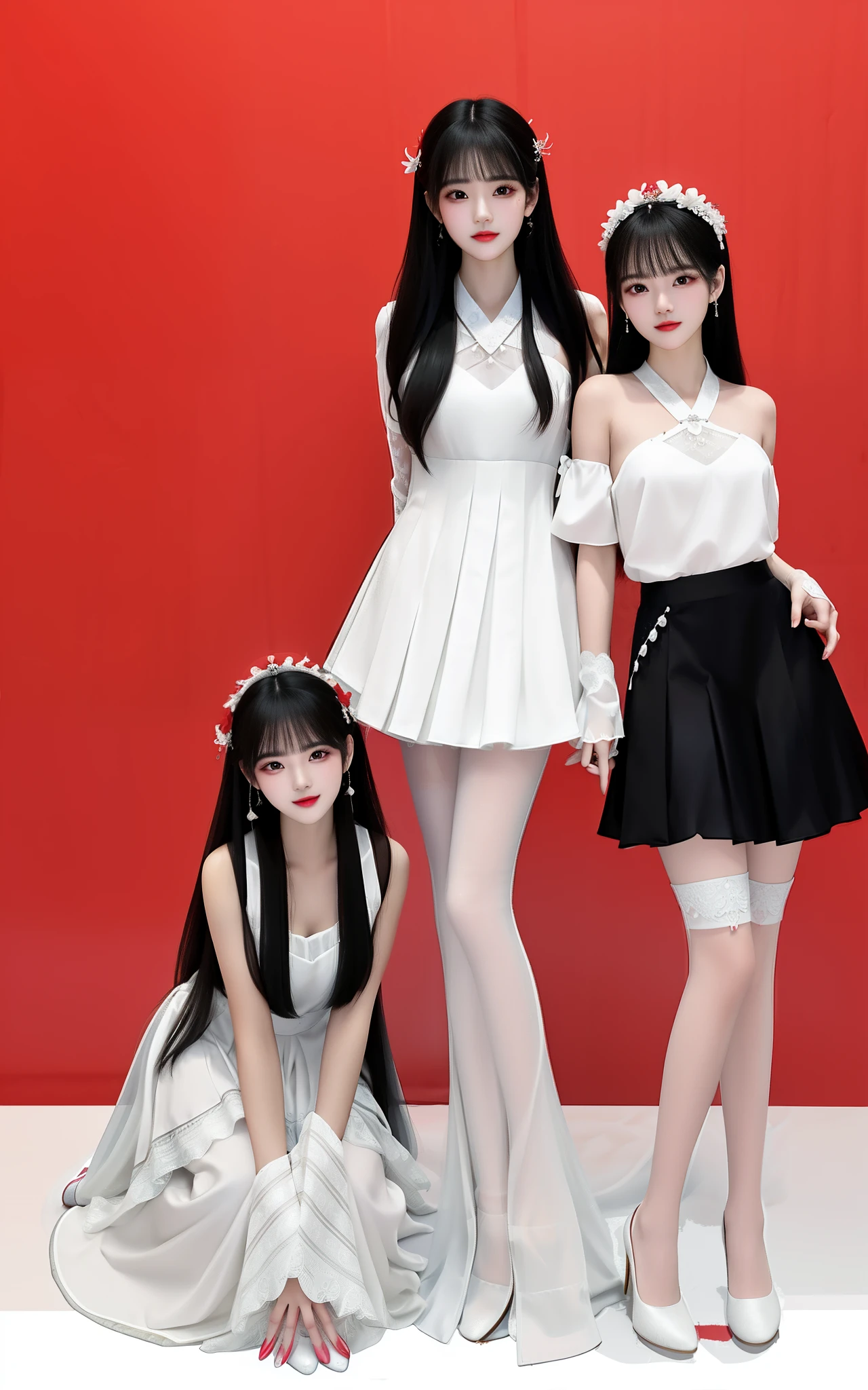 Two women wearing white dresses and red stockings pose for a group photo, inspired by Wang Duo, white and red dresses, nixeu and sakimichan, red velvet, full-body xianxia, shaxi, two models in the frame, concept photoset, trending on cgstation, high - end fashion photoshoot, inspired by Gao Cen, wearing white clothes