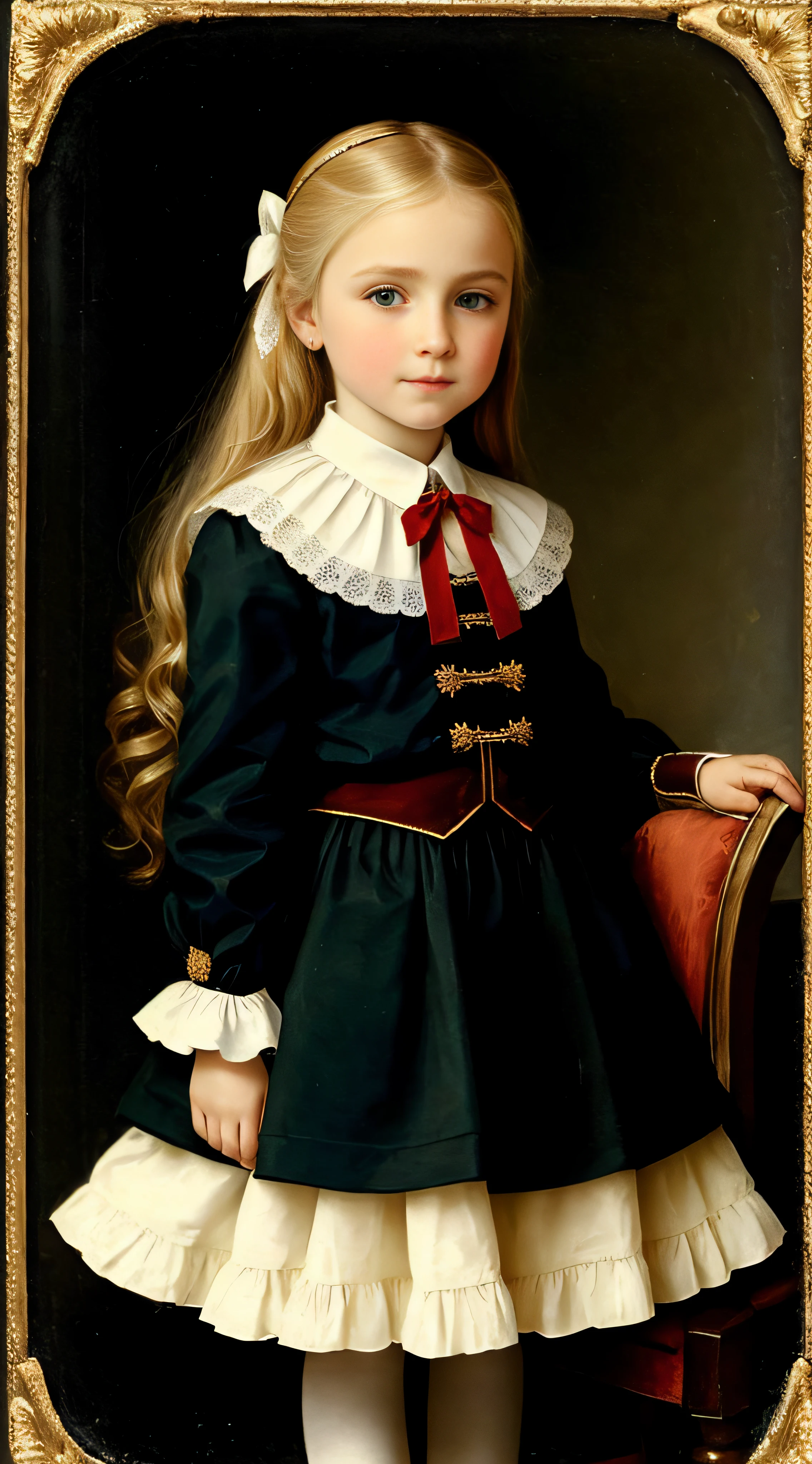 Russian, Girls children , Portrait , Long blonde hair and bow，Layered skirt，noble，opulent，cropped shoulders