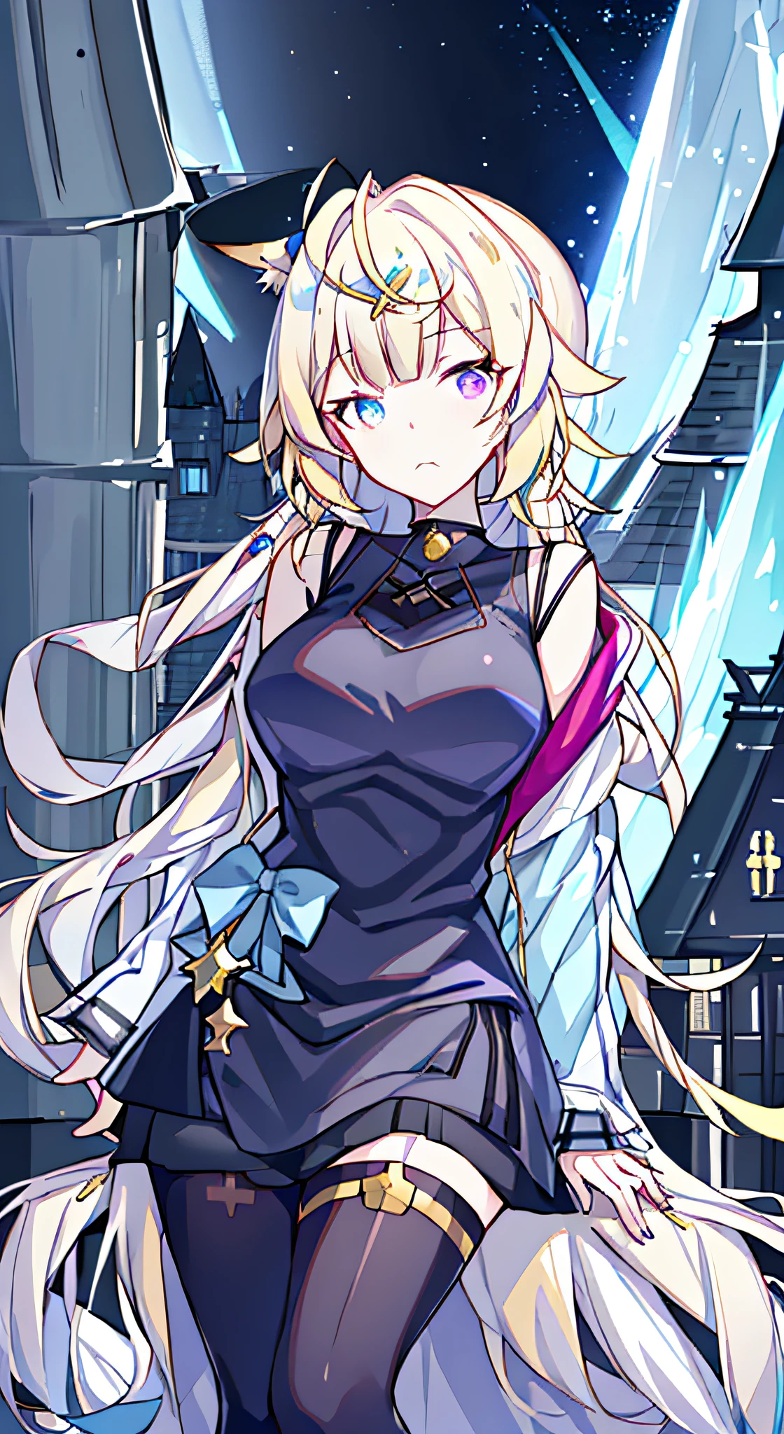 ((tmasterpiece,best qualtiy,4K,gelbooru,Pisif,best qualtiy,Hyper-detailing)),warmly lit,1 woman,Young adults,Beautiful young woman,((Princess braids,Hairy bangs,long whitr hair)),((fox ear)),((Purple eye,sharp sharp eyes)),Bigboobs,starrysky,scowling,detailed city background,((Sexy blue evening dress)),((adorable and fluffy, very fluffy,Tucked into a black sleeveless sweater)),((Sit at the top of the church tower,night city on the background,bird's eyes view)),Very modern futuristic environment