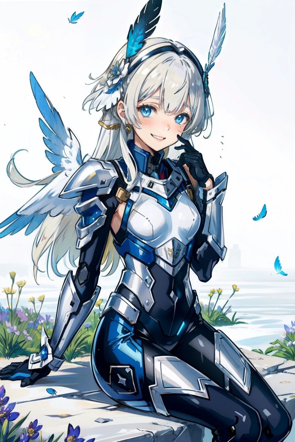 (master piece, Best Quality), Intricate details, valkyrie, kawaii, Happy smile, (((Laugh))), Looking at Viewer, Feather Headgear, Flower meadow, Sitting, flat breast, White Balance, hand up, yo,
1 girl in, Solo, Portrait, Long Plutinum Blonde Hair, drooing eyes, Silver Single Thigh, Silver Independent Single Sleeve, silver gloves,
mecha musume, Silver Bodysuit, Silver Reinforced Suit, Closing purewhite feather wings, silver pantyhose, Silver Full Armor, flower decoration, equip sword,