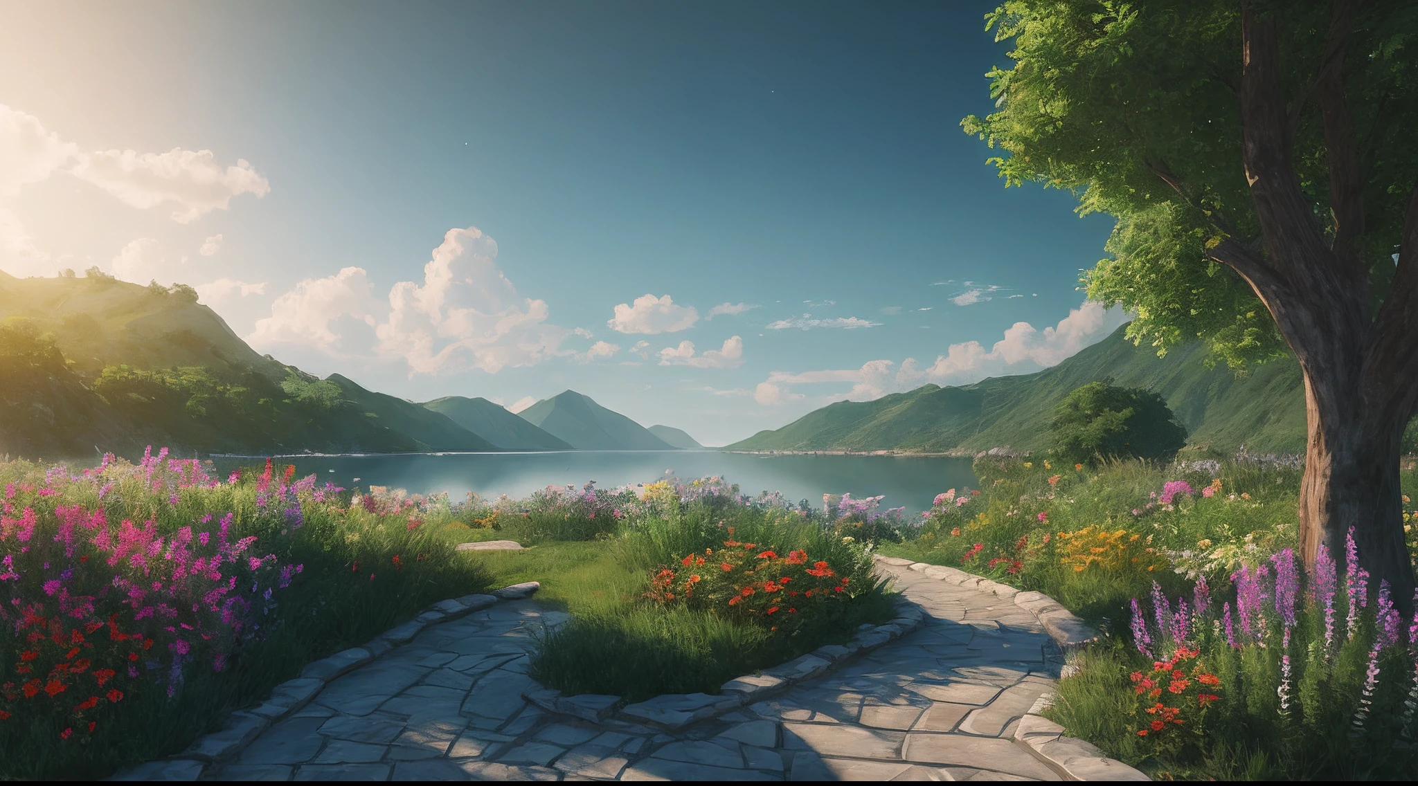 A serene place, very pleasant, beautiful, calm and beautifully landscaped. photorealistic, 8k uhd, studio quality, ultra realistic, maximum detail, large scale, postprocessing, photorealistic, photorealistic, photoshop, photography, detailed, cinematic lighting, landscape, panorama, scenery, ray tracing, cinema4d