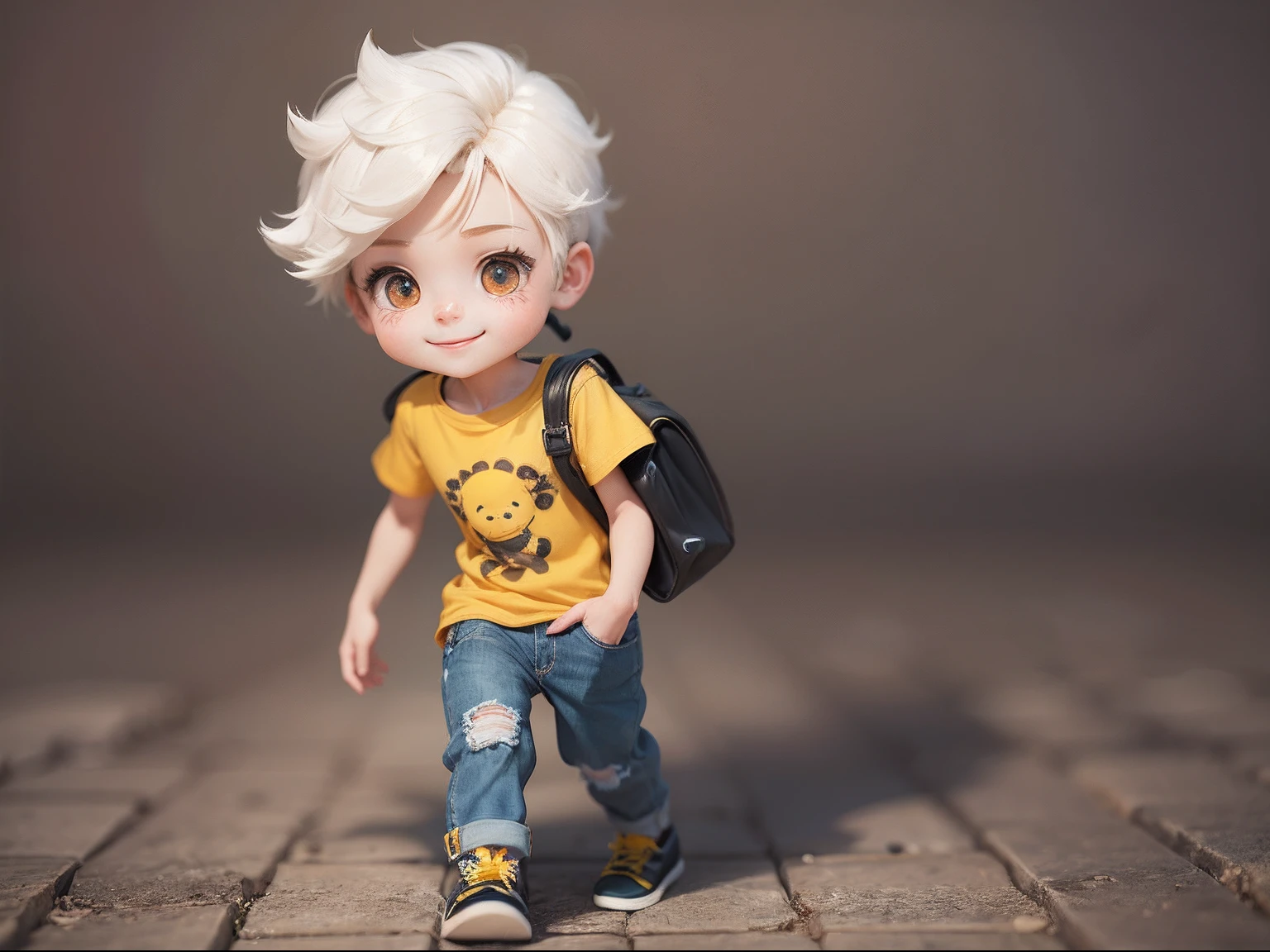 Cute boy 3d cartoon, cute chibi boy, background is pure white, 10K, intricate details, full body, yellow t-shirt, jeans long pants, smiling expression
