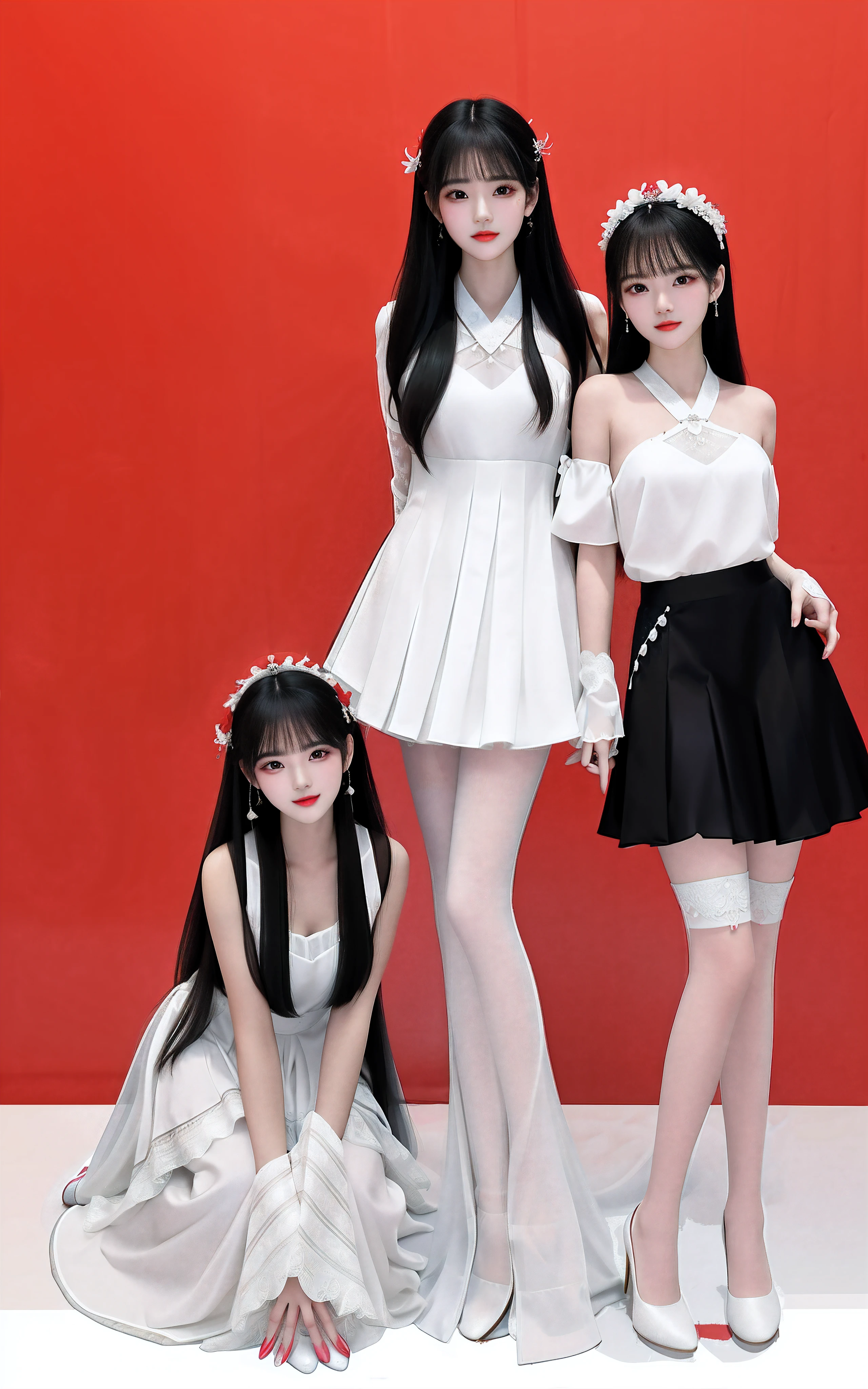 Two women wearing white dresses and red stockings pose for a group photo, inspired by Wang Duo, white and red dresses, nixeu and sakimichan, red velvet, full-body xianxia, shaxi, two models in the frame, concept photoset, trending on cgstation, high - end fashion photoshoot, inspired by Gao Cen, wearing white clothes