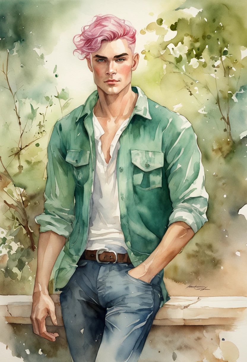 ((Best quality masterpiece)), ((highly detailed)), high resolution. Vintage watercolor of a beautiful man, with pink/blue hair and green eyes, very similar to bjorn borg , with a green jumper, pin-up style, on the shore of an irrigation canal. Whole body image. inspired by graphic artist Magali Villeneuve, Monet, Charlie Bowater Artgeem, Tom Bagshaw, Darius Zawadzki and Tom Bagshaw