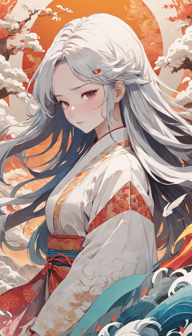(White background:1.4),(Silhouette of a girl's head, Eyes closed, colorfull long hair, Oriental elements),(Chinese illustration:1.3,paper art:1.3, Quilted paper art:1.2),( reasonable design, Clear lines, High sharpness,Best quality, Very detailed, Masterpiece, movie light effect, 4K )
