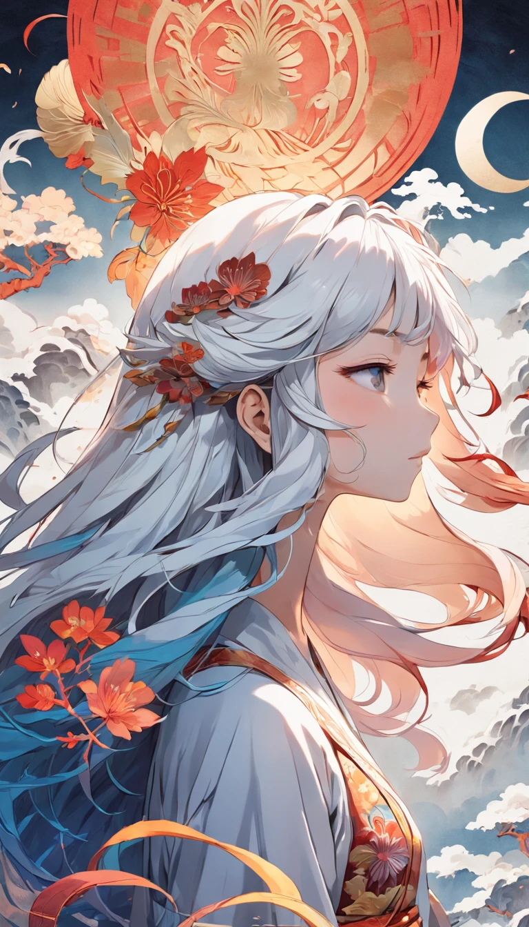 (White background:1.4),(Silhouette of a girl's head, Eyes closed, colorfull long hair, Oriental elements),(Chinese illustration:1.3,paper art:1.3, Quilted paper art:1.2),( reasonable design, Clear lines, High sharpness,Best quality, Very detailed, Masterpiece, movie light effect, 4K )