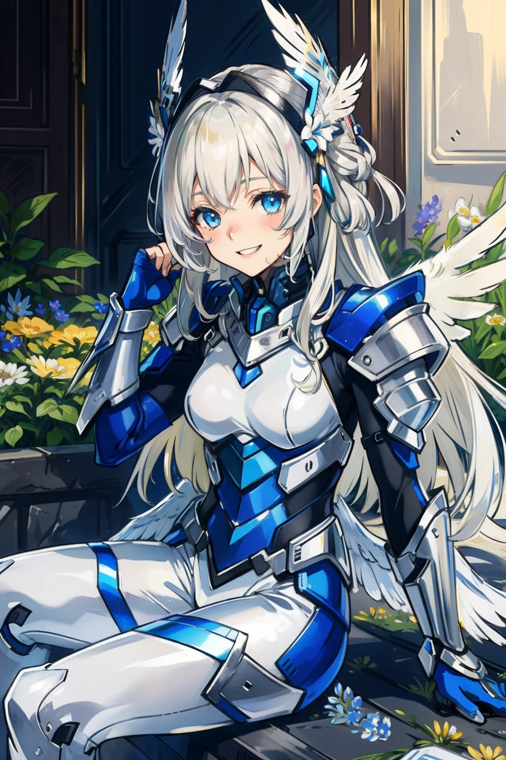 (​master piece, Best Quality),  Intricate details, valkyrie, kawaii, Happy smile, (((Laugh))), Looking at Viewer, Feather Headgear, Flower meadow, Sitting, flat breast, White Balance, hand up, ****,
1 girl in, Solo, Portrait, Long Plutinum Blonde Hair, drooing eyes, Silver Single Thigh, Silver Independent Single Sleeve, silver gloves, 
 mecha musume, Silver Bodysuit, Silver Reinforced Suit, Closing purewhite feather wings, silver pantyhose, Silver Full Armor, flower decoration, equip sword,