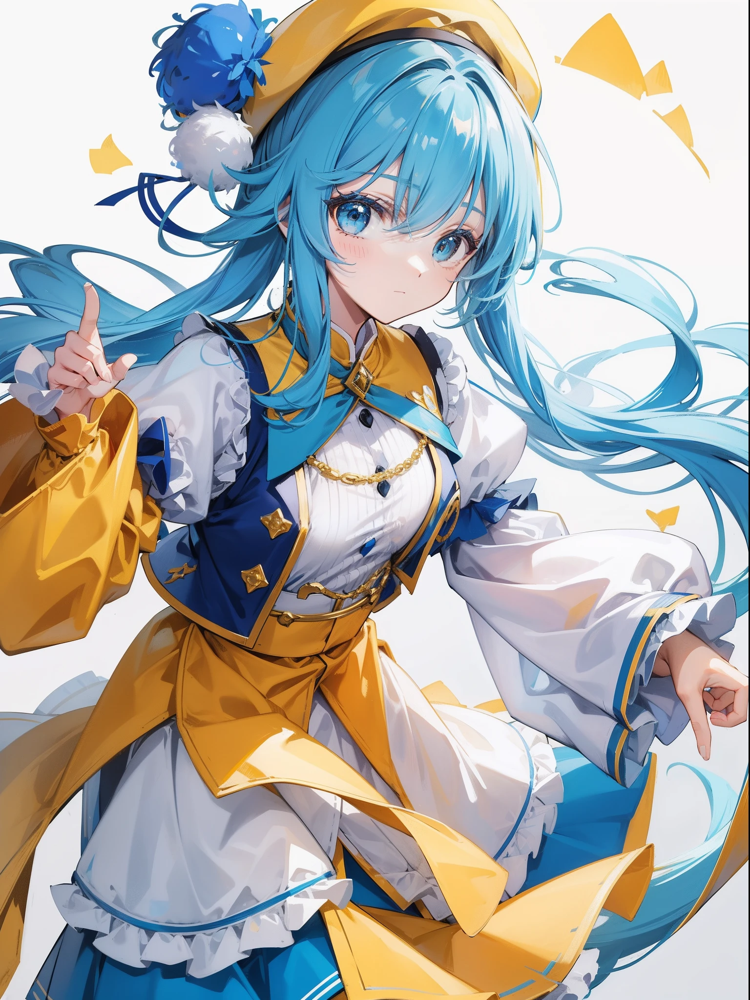 (hoang lap,A high resolution,ultra - detailed),1girll,Yellow, Blue, Theme color,Royal Sister,The yellow beret link hat has a pompom on the right back of the hat,longer sleeves,White puff sleeves,Light blue hair color