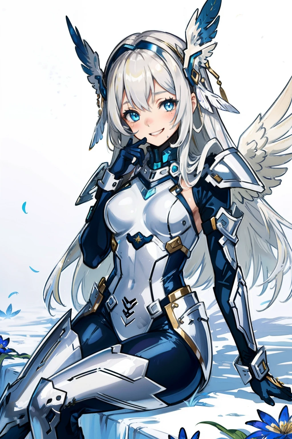 (​master piece, Best Quality),  Intricate details, valkyrie, kawaii, cuty smile, (((Laugh))), Looking at Viewer, Feather Headgear, Flower meadow, Sitting, flat breast, White Balance, hand up, yo,
1 girl in, Solo, Portrait, Long Plutinum Blonde Hair, drooing eyes, Silver Single Thigh, Silver Independent Single Sleeve, silver gloves, 
 mecha musume, Silver Bodysuit, Silver Reinforced Suit, Closing purewhite feather wings, silver pantyhose, Silver Full Armor, flower decoration, equip sword,