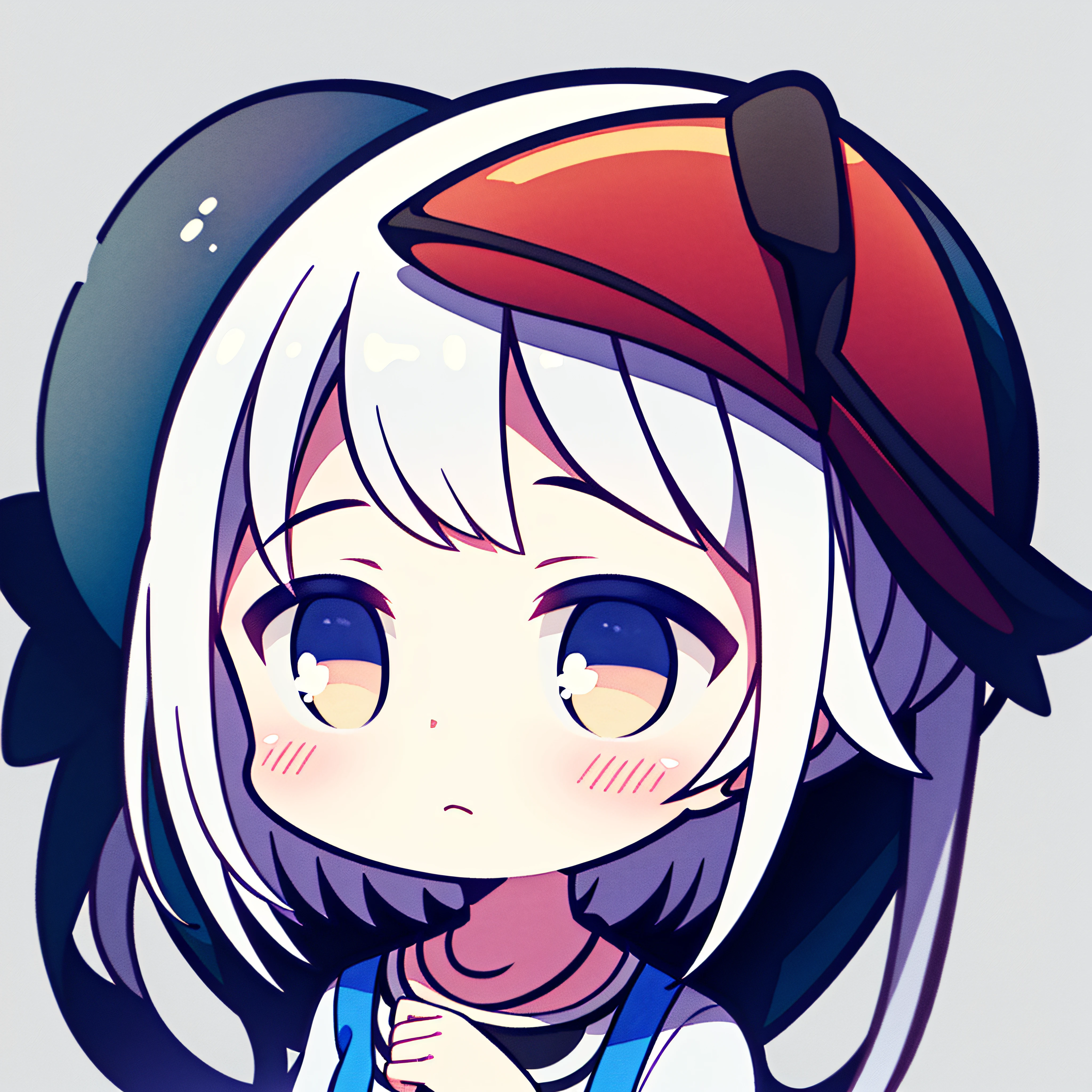 fish on the head, solo, 1 girl, looking at viewer, upright, concept art, white background, simple background, white hair, gradient hair, short sleeves, watercolor pencil, expressionless, blush, virtual youtuber