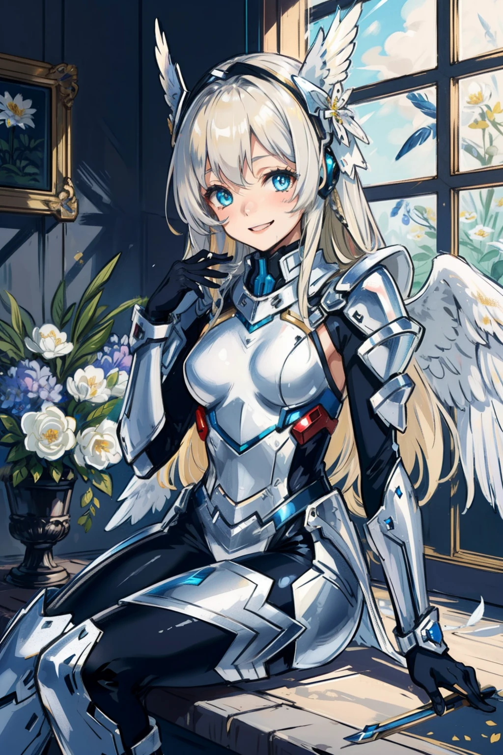 (master piece, Best Quality), Intricate details, valkyrie, kawaii, cuty smile, (((Laugh))), Looking at Viewer, Feather Headgear, Flower meadow, Sitting, flat breast, White Balance, hand up, yo,
1 girl in, Solo, Portrait, Long Plutinum Blonde Hair, drooing eyes, Silver Single Thigh, Silver Independent Single Sleeve, silver gloves,
mecha musume, Silver Bodysuit, Silver Reinforced Suit, Closing purewhite feather wings, silver pantyhose, Silver Full Armor, flower decoration, equip sword,