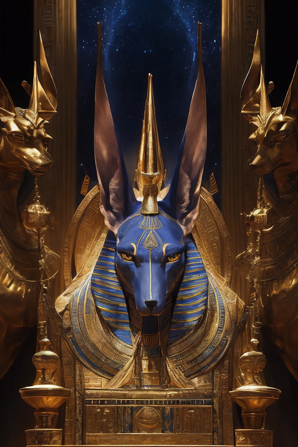 1man, portrait of godanubis in front altar with groups of egyptian, jackal head, swirl of fire, aura, magic, sparks, magic astral, ornate, details,