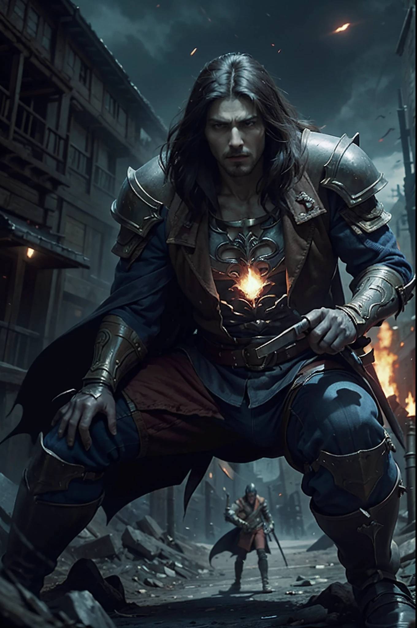 Castlevania's legendary war battle: Lords of Shadow in a dynamic work. Illustrer le choc des forces surnaturelles, The value of the hero, and the impending darkness enveloping the battlefield. Let the art convey the raw emotions and intricate details of this pivotal moment in the game's hyper realistic super detailed super detailed sharp details high resolution