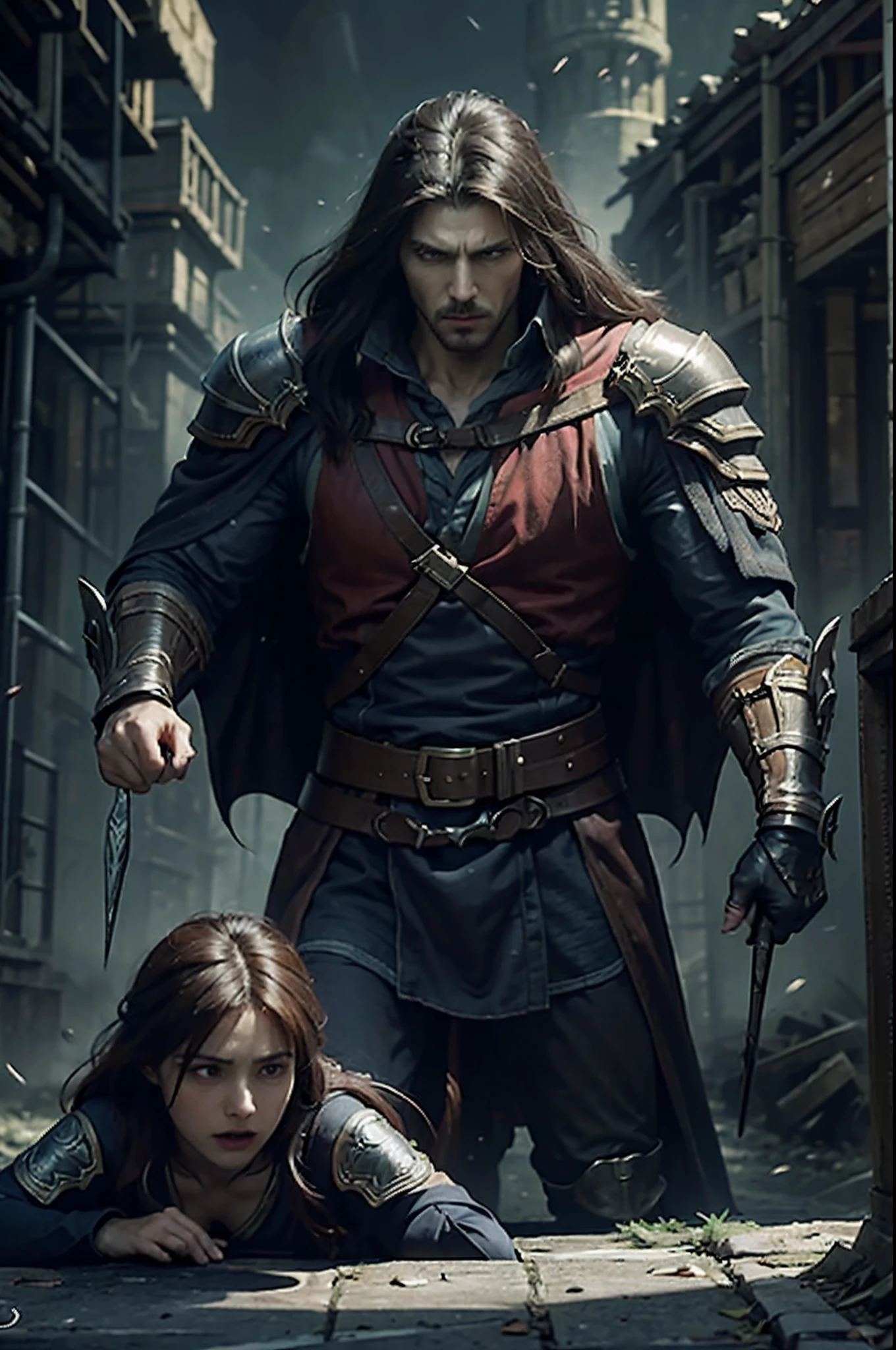 Castlevania's legendary war battle: Lords of Shadow in a dynamic work. Illustrer le choc des forces surnaturelles, The value of the hero, and the impending darkness enveloping the battlefield. Let the art convey the raw emotions and intricate details of this pivotal moment in the game's hyper realistic super detailed super detailed sharp details high resolution