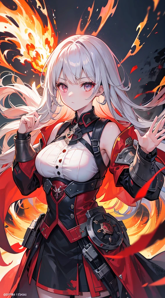 a girl,Phoenix girl,fluffy hair,war,a hell on earth,Beautiful and detailed explosion,Cold machine,Fire in eyes,World War,burning,Metal texture,Exquisite cloth,Metal carving,volume,best quality,normal hands,Metal details,Metal scratch,Metal defects,{{masterpiece}},best quality,official art,4k,best quality,extremely detailed CG unity 8k,illustration,highres,masterpiece,contour deepening,Azur Lane,Girls' Front,Magical，Cloud Map Plan,contour deepening，long-focus，Depth of field，a cloudy sky，Black smoke,smoke of gunpowder, long-focus，Mature, resolute eyes, burning, burning sky, burning hair,Burn oneself in flames, fighting，Covered in blood，complex pattern，battleing，Flying flames，Flame whirlpool，Doomsday Scenes，float，Splashing blood,on the battlefield，Bloody scenes，Good looking flame，Exquisite Flame，Exquisite Blood,photorea