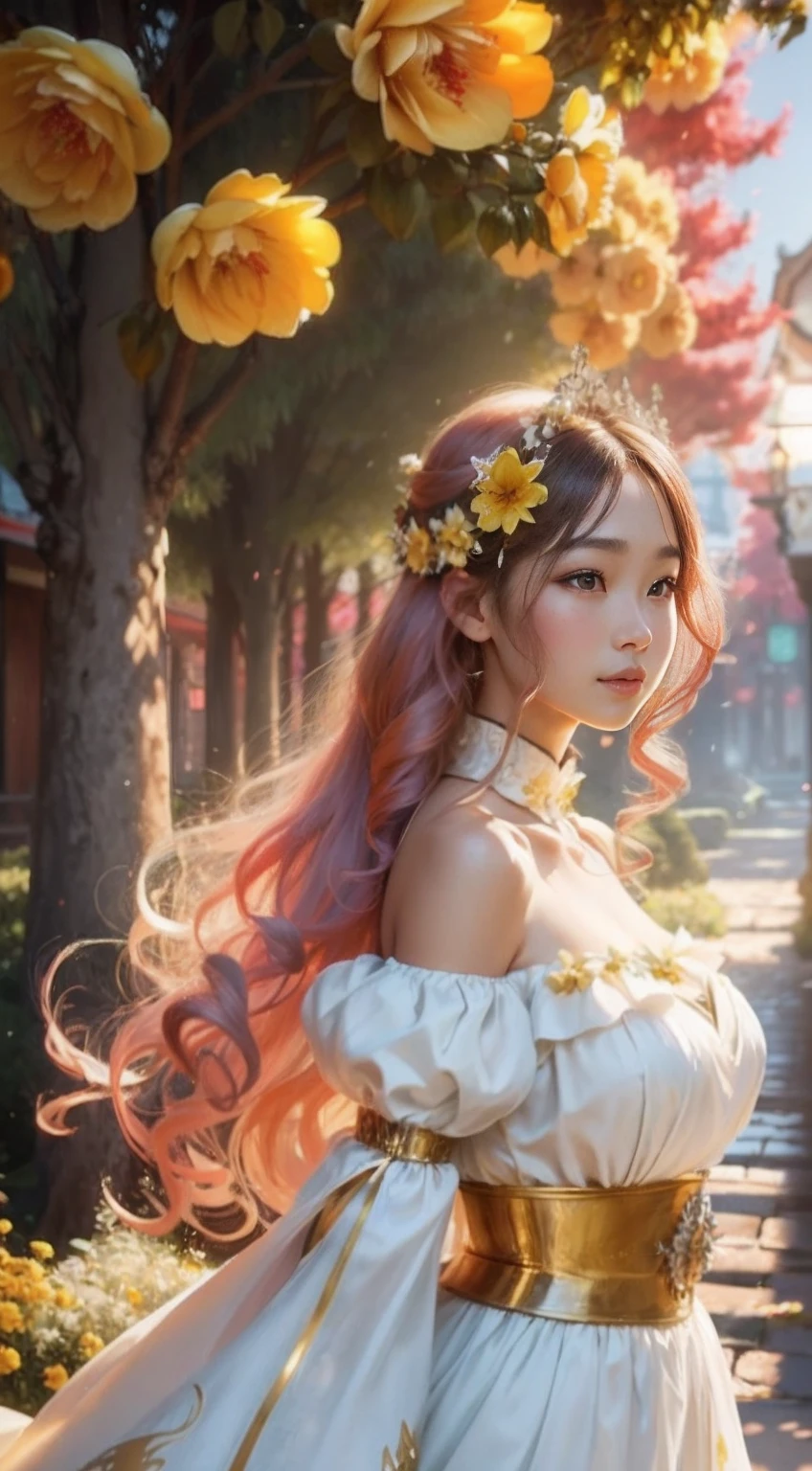 Beautiful flower girl from a fairytale world，Twenty years old，（Full body appearance），（Round and very delicate face），（Red cheeks），（Shallow dimples），(Asian female face), White complexion，Highlight black | In pink|Golden(long whitr hair:1.2)，A shallow shy smile,（Big black affectionate eyes）,（Very detailed and perfect facial depiction）,Close-up of facial expressions，Side view，（White mini dress），（Silk lightweight fabric），（Long sleeves floating），cropped shoulders，voluptuous figure，looking lovingly at the viewer，A hint of melancholy，Trees in the background，Flowers。And Asuka，Blue sky，Early spring tones，The setting sun shines obliquely，A touch of warm colors,(Various yellow flowers),（Romantic fairy tale color），（ultra-realistic realism），（light and shadow effect），（Light particle tracing），（OilPaintStyle），（vivd colour）,（Obvious layers）,(rendering by octane），（White balance），（Photography Award）,（8k wallpaper）,（Masterpiece）,（best qualtiy）, photorealestic，realisticlying，Ray